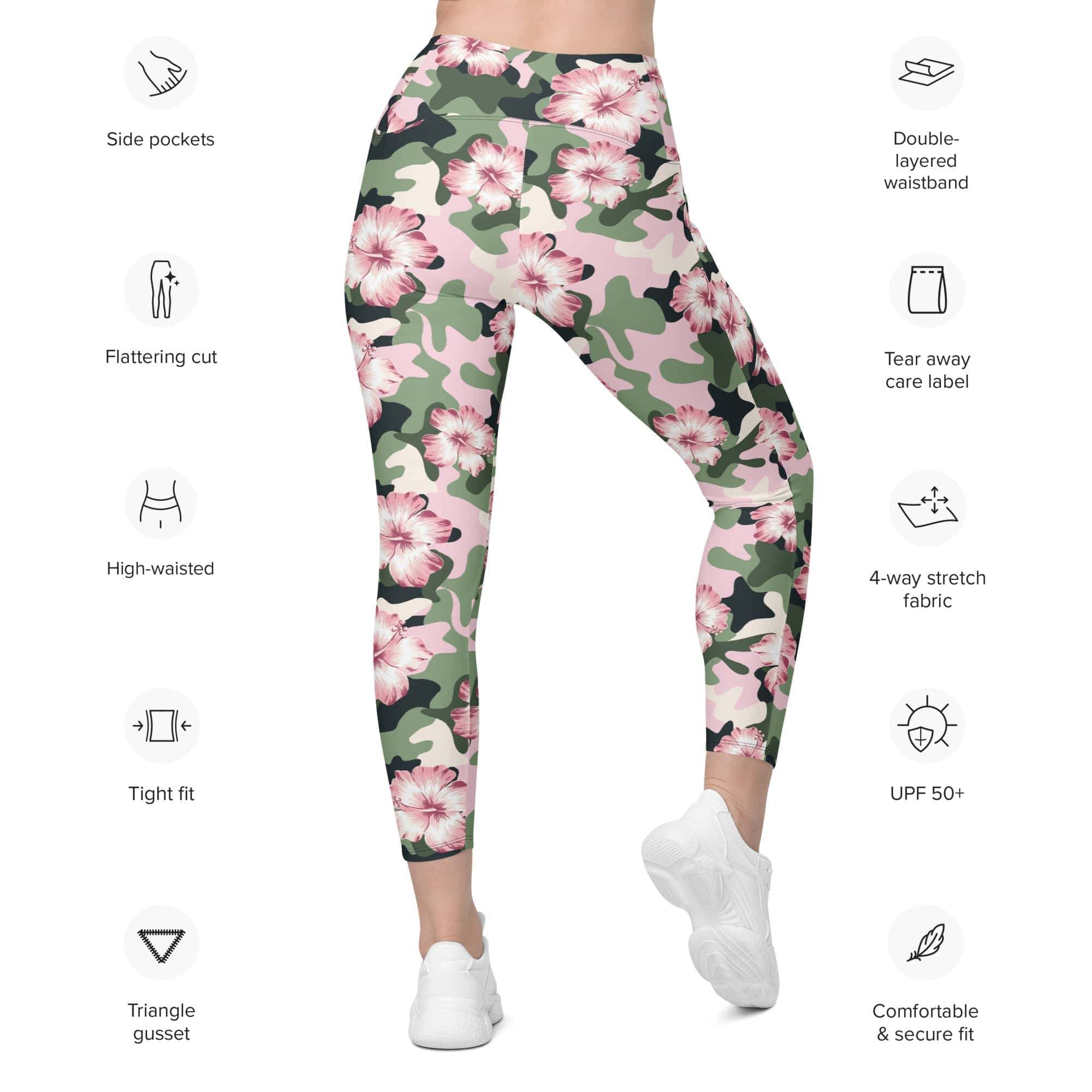Pink Flower Camo Leggings With Pockets