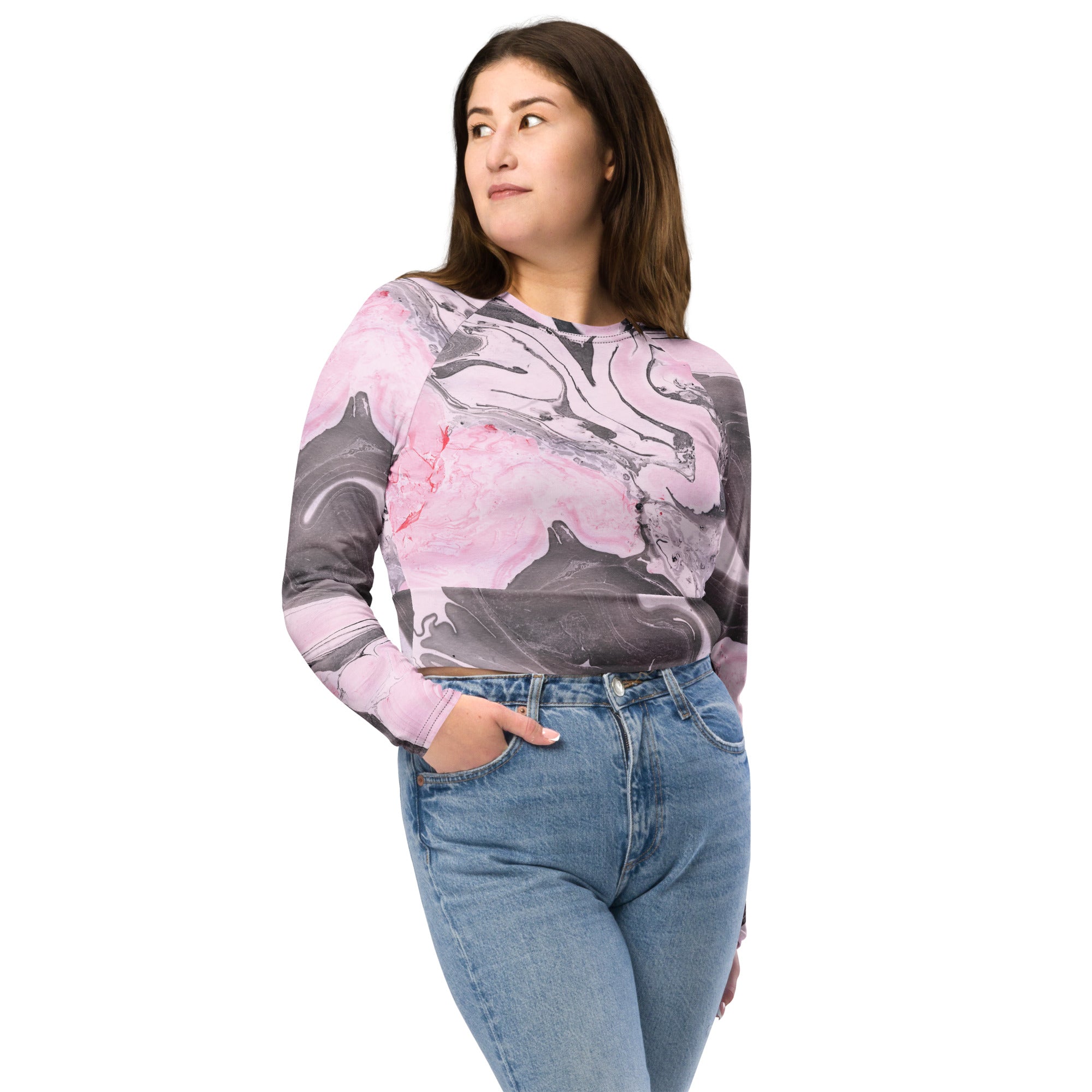 Pink Marble Recycled Long-sleeve Crop Top
