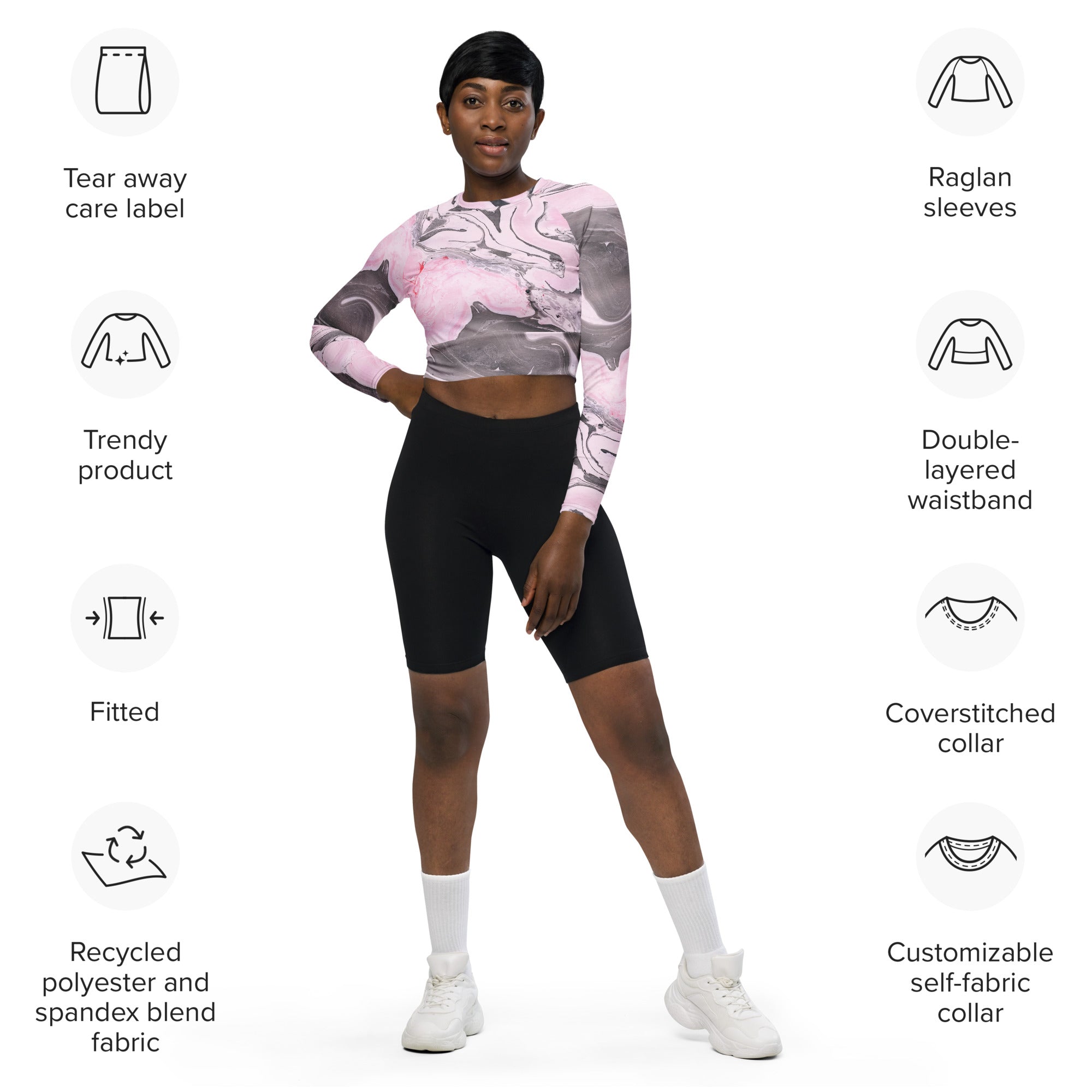 Pink Marble Recycled Long-sleeve Crop Top