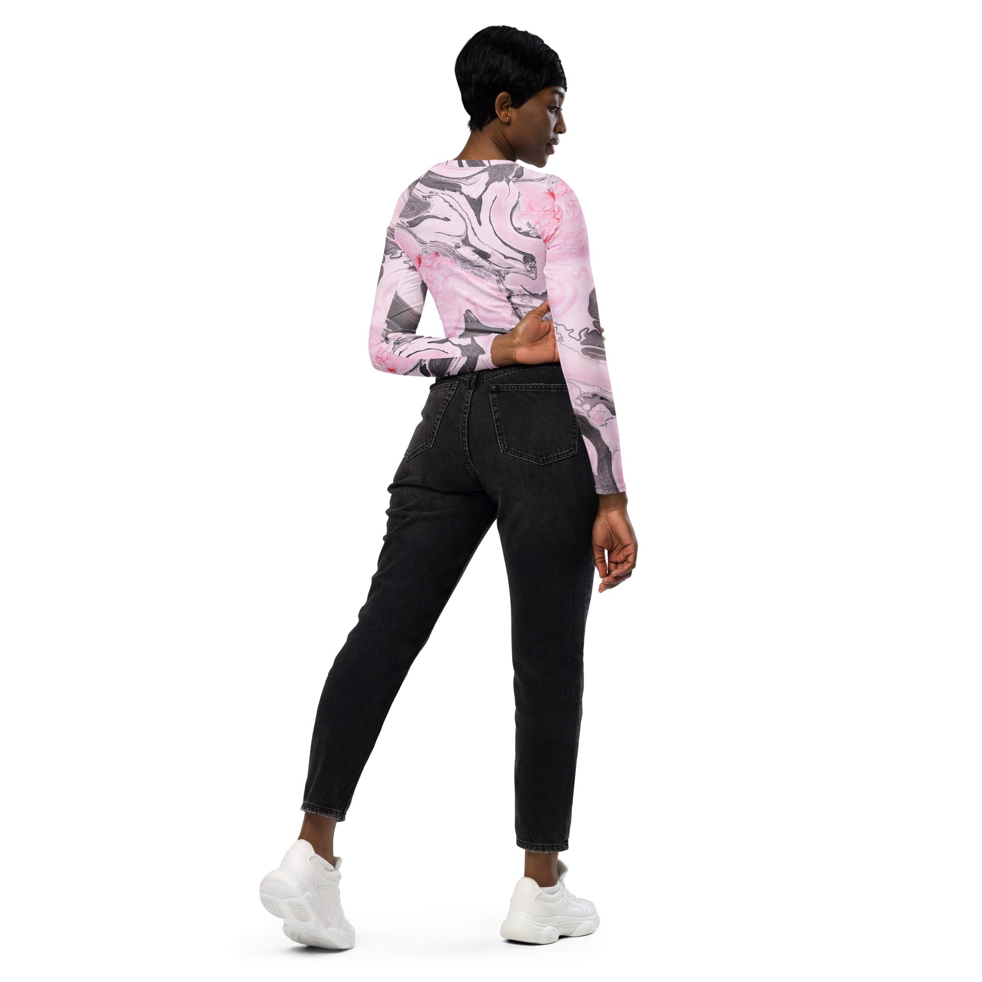 Pink Marble Recycled Long-sleeve Crop Top