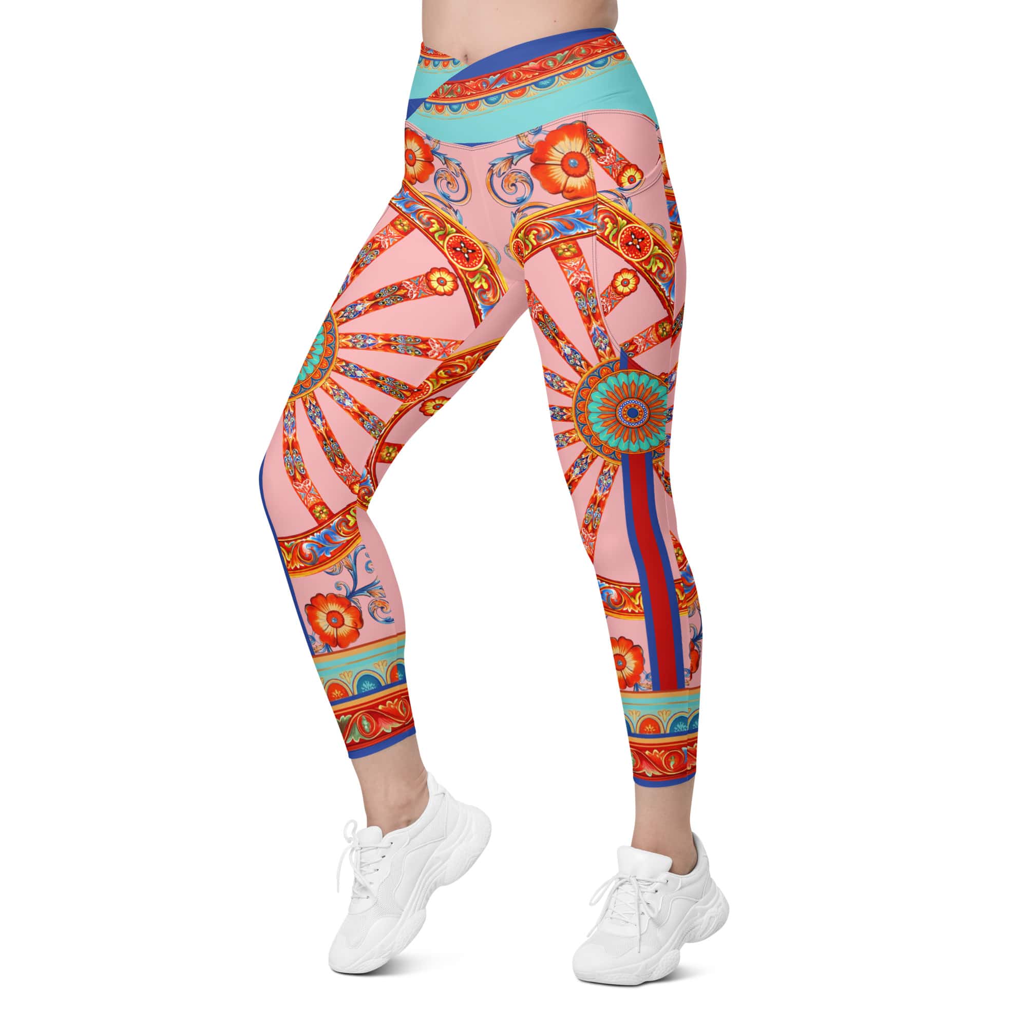 Pink Ornate Crossover Leggings With Pockets