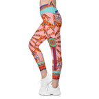 Pink Ornate Crossover Leggings With Pockets