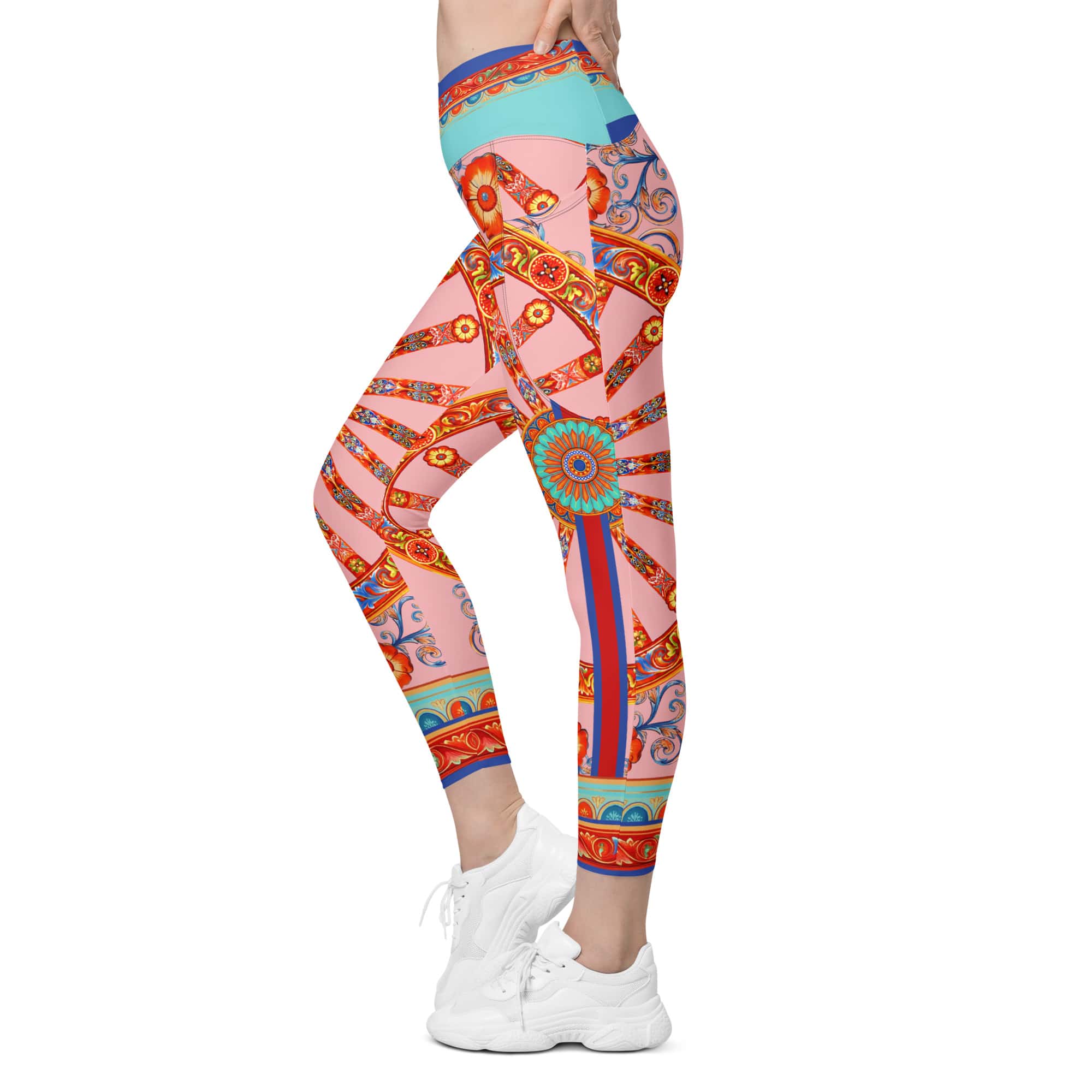 Pink Ornate Crossover Leggings With Pockets