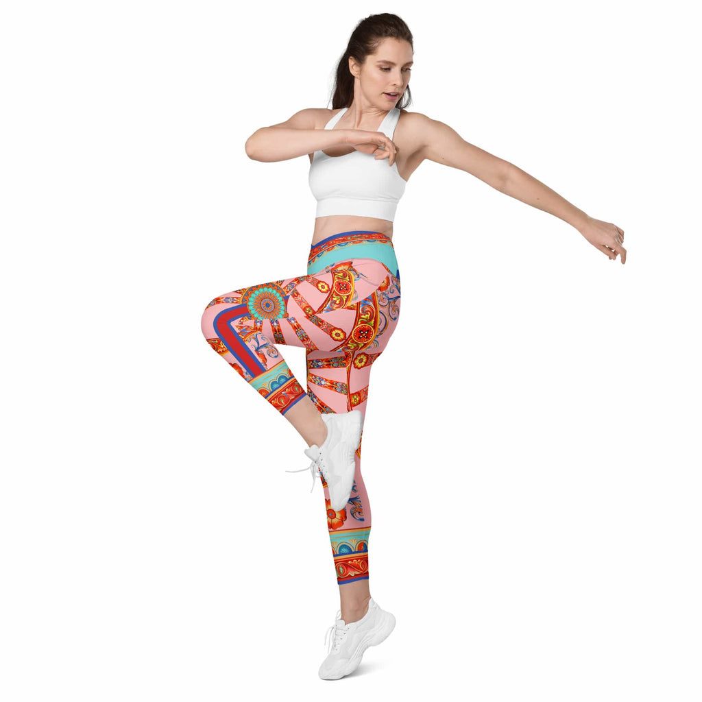 Pink Ornate Crossover Leggings With Pockets