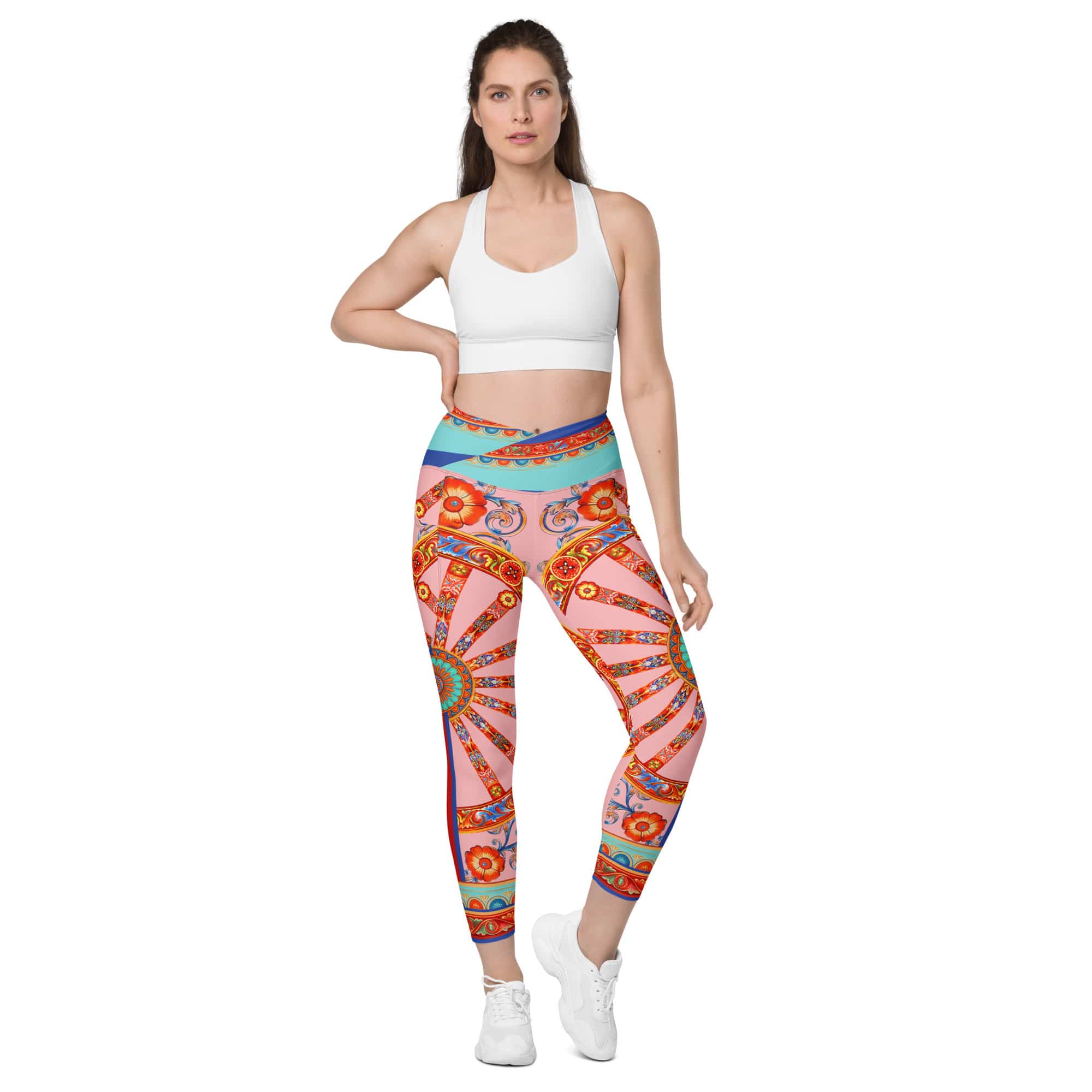 Pink Ornate Crossover Leggings With Pockets