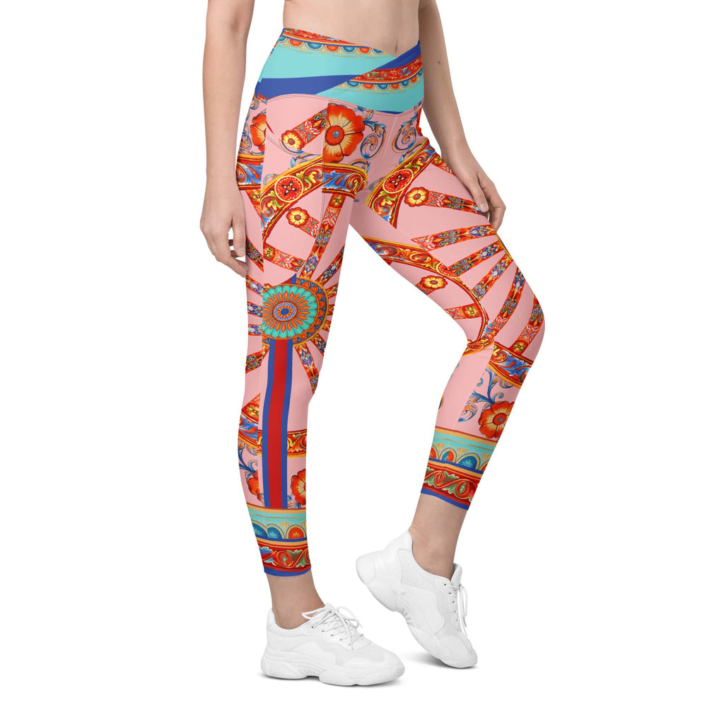 Pink Ornate Crossover Leggings With Pockets