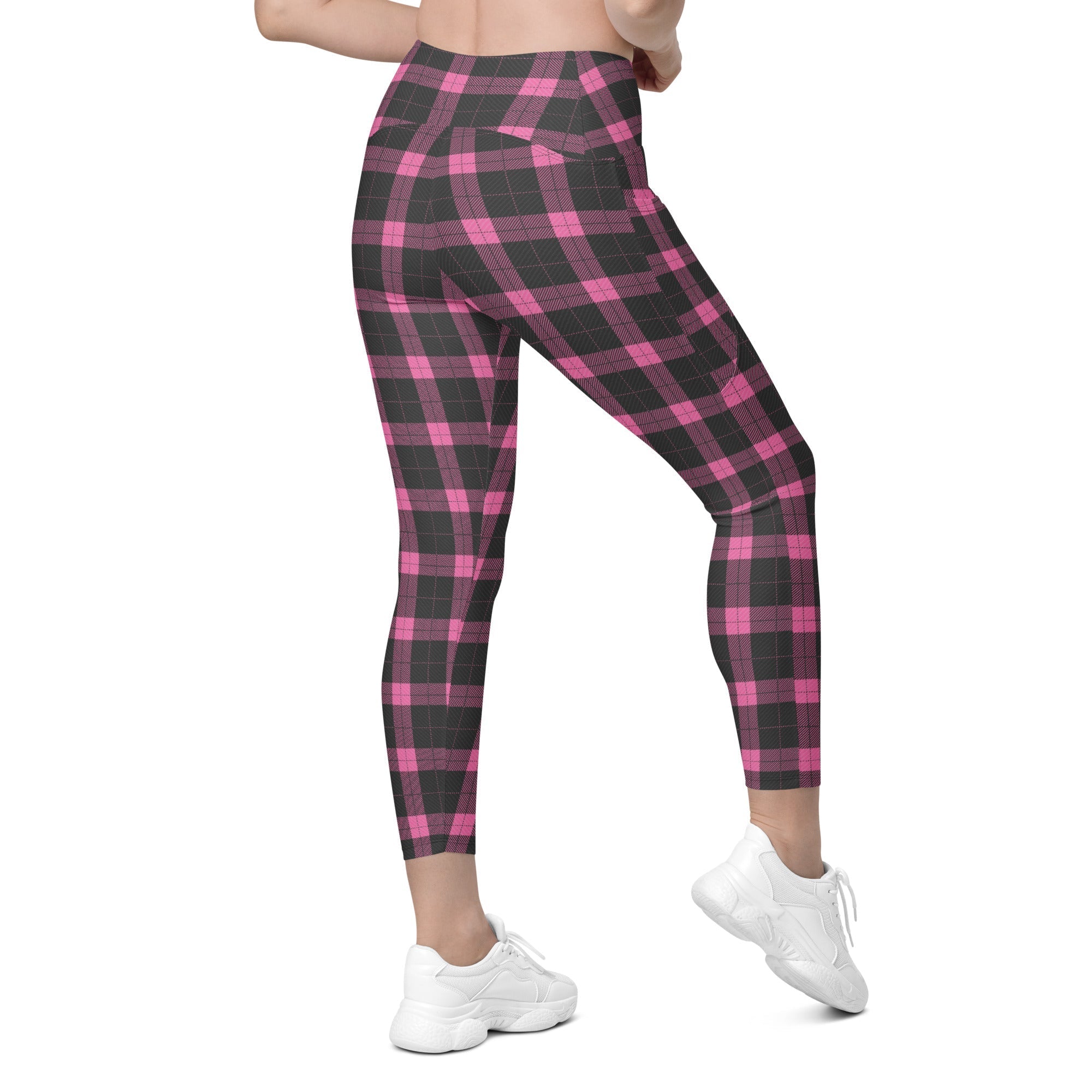 Pink Plaid Print Leggings With Pockets