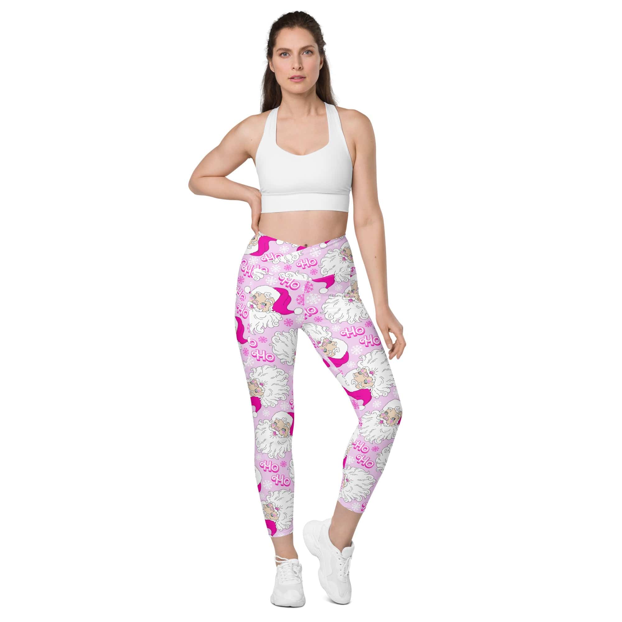 Pink Sassy Santa Crossover Leggings With Pockets