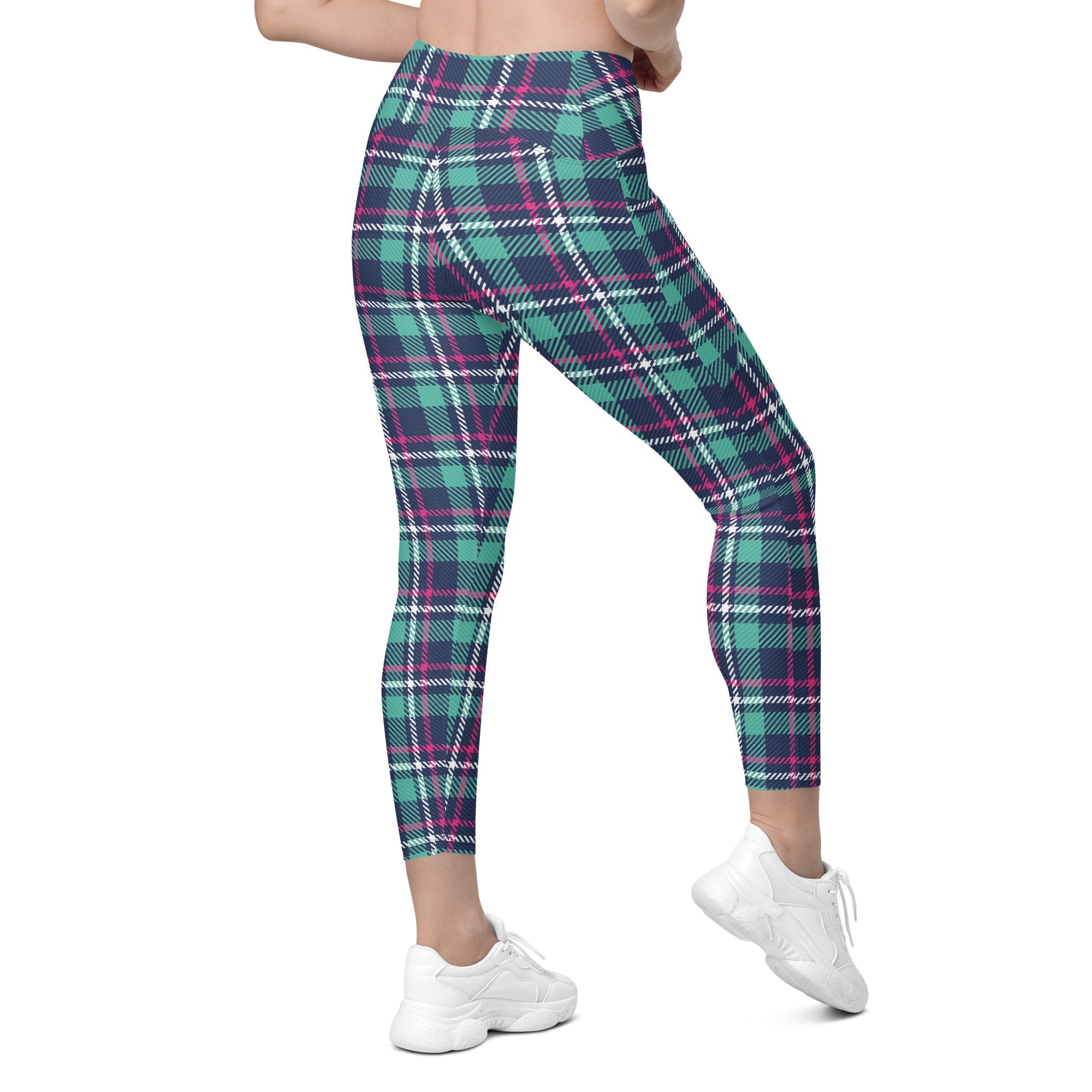 Pink & Turquoise Plaid Print Leggings With Pockets