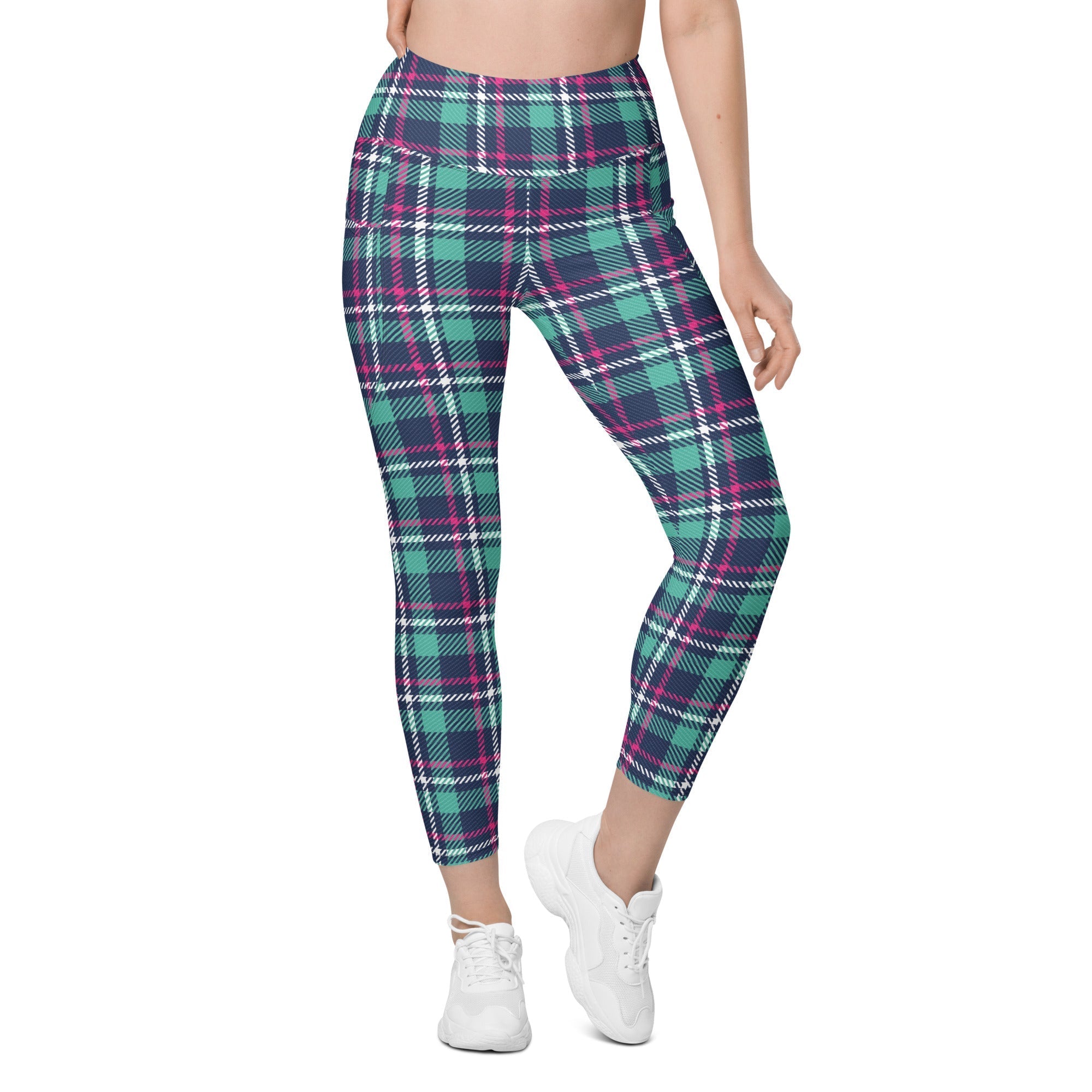 Pink & Turquoise Plaid Print Leggings With Pockets