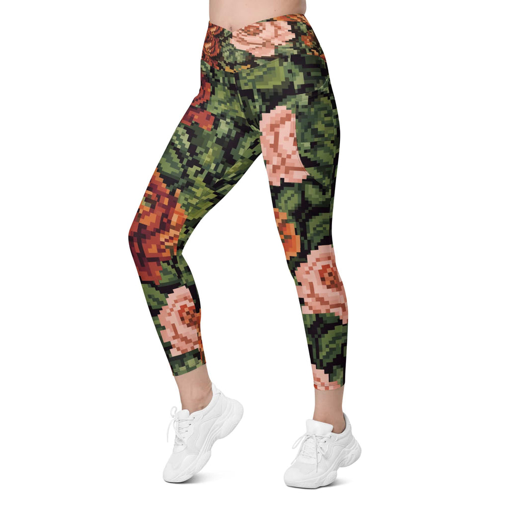 Pixel Floral Crossover Leggings With Pockets
