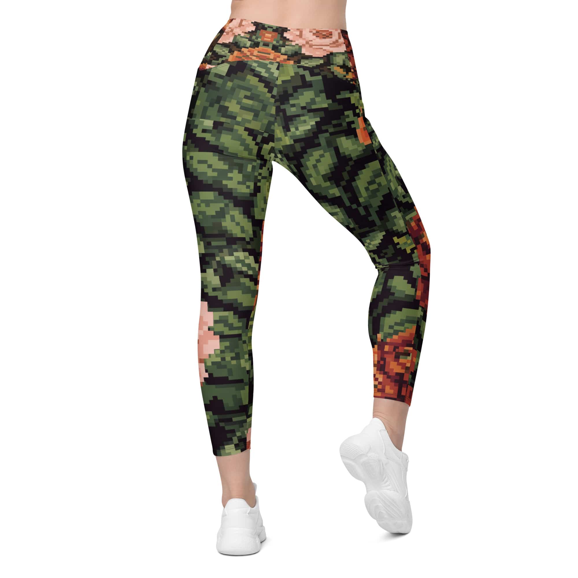Pixel Floral Crossover Leggings With Pockets