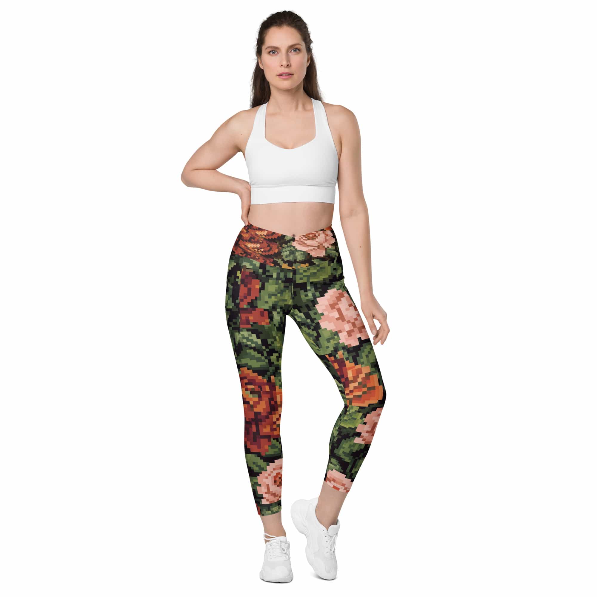 Pixel Floral Crossover Leggings With Pockets