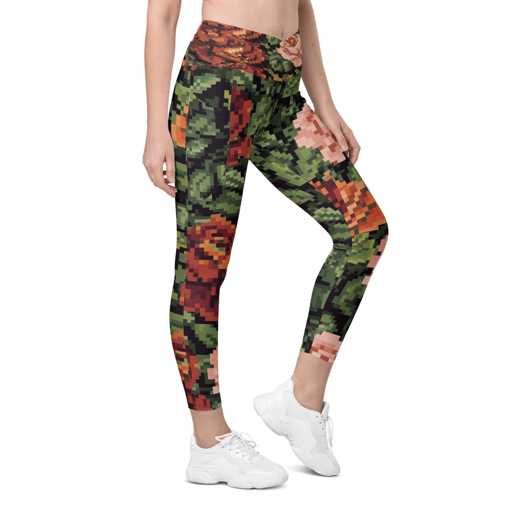 Pixel Floral Crossover Leggings With Pockets