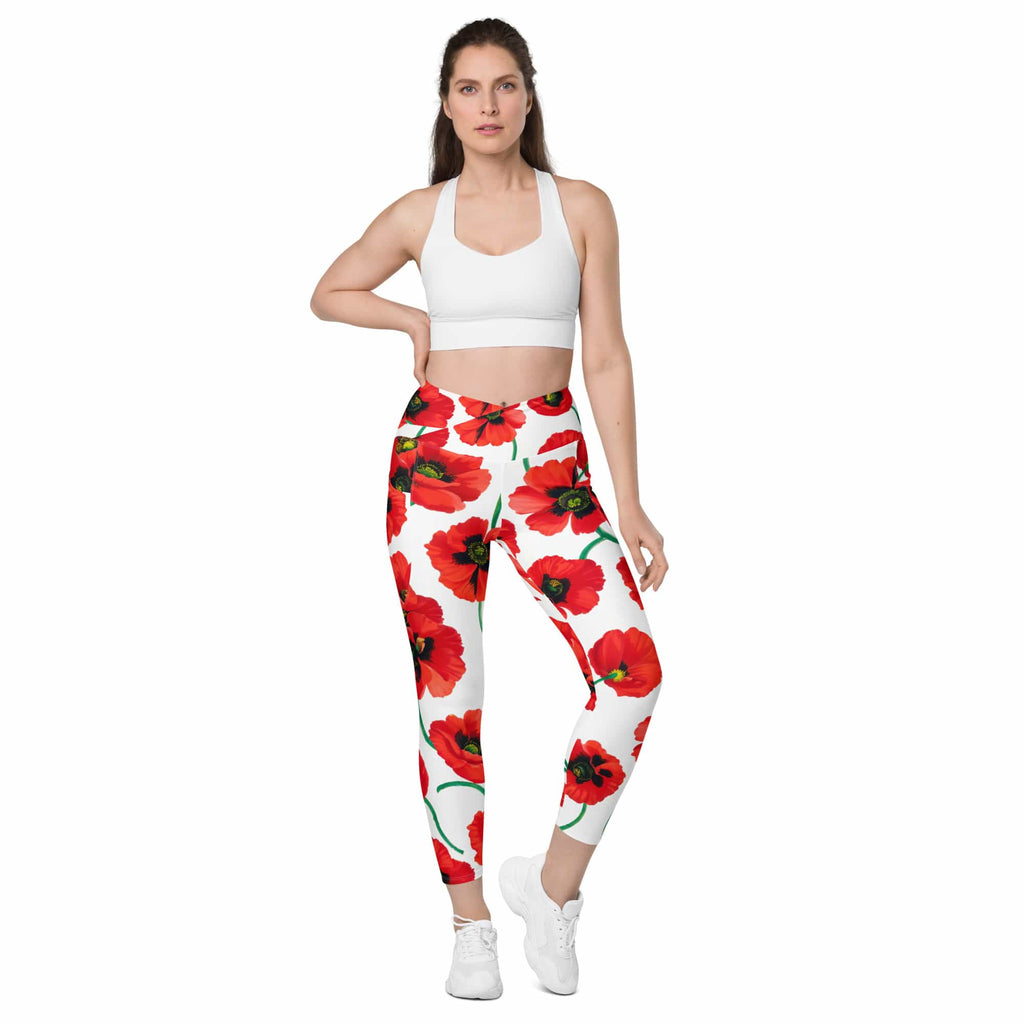Poppy Print Crossover Leggings With Pockets