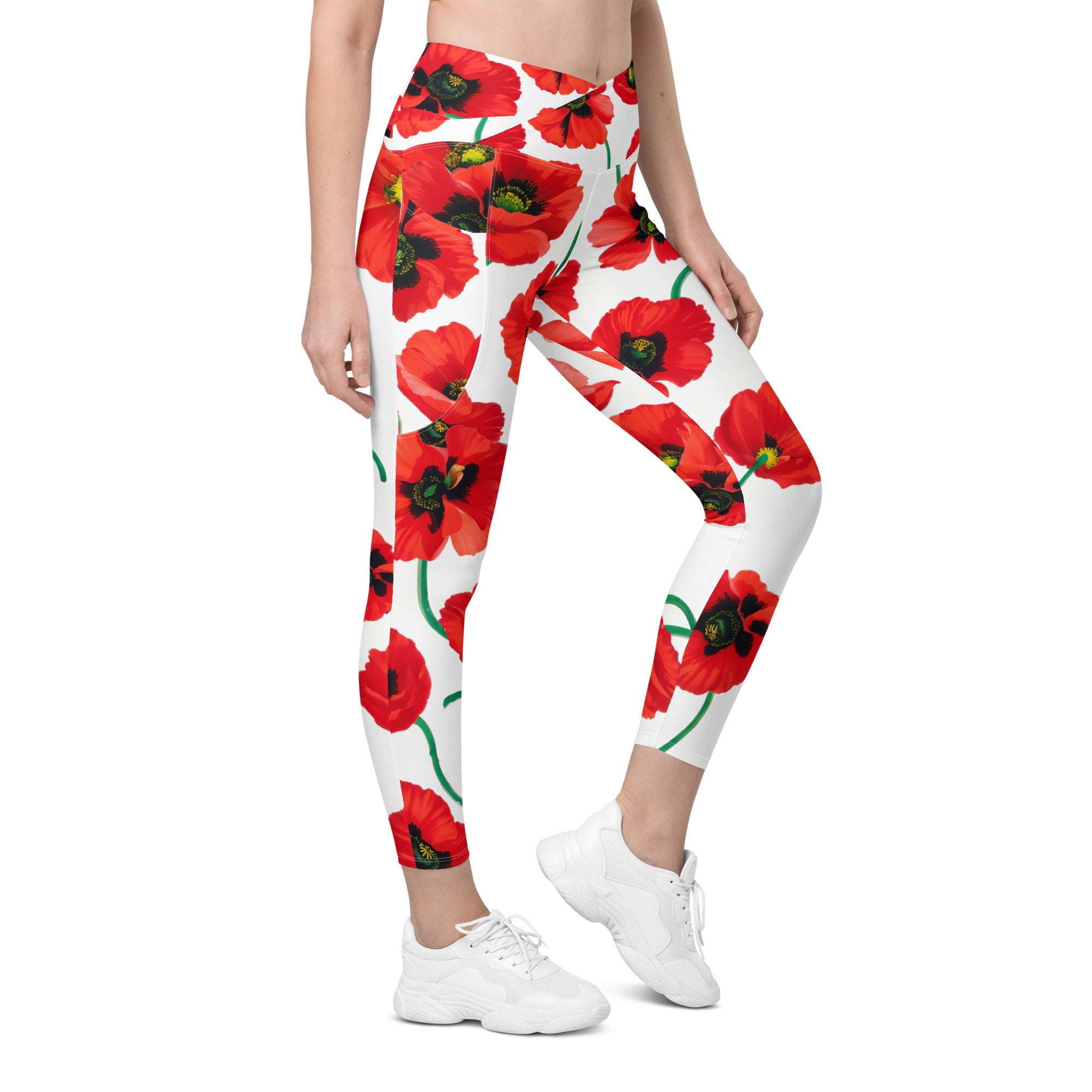 Poppy Print Crossover Leggings With Pockets