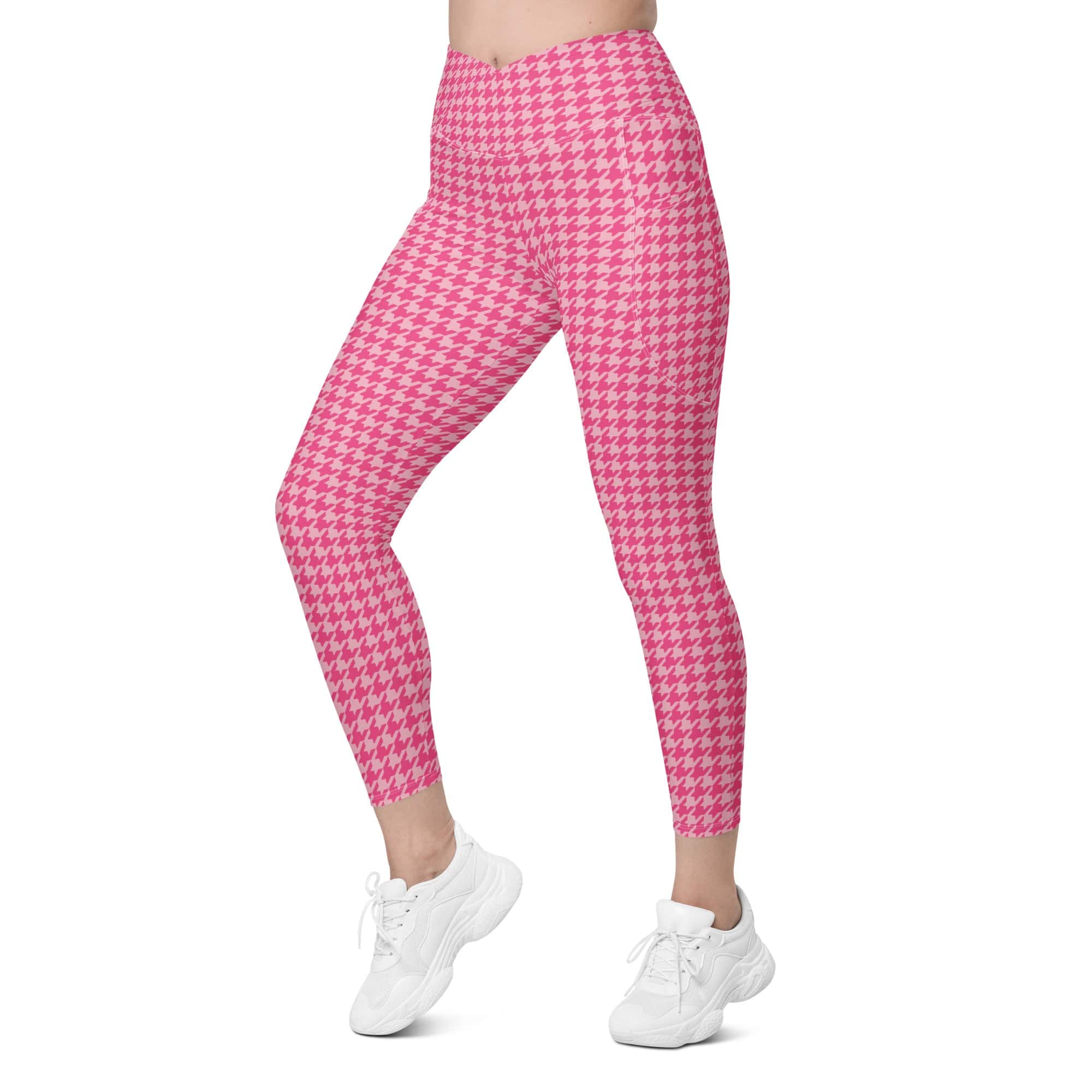 Power Pink Houndstooth Crossover Leggings With Pockets