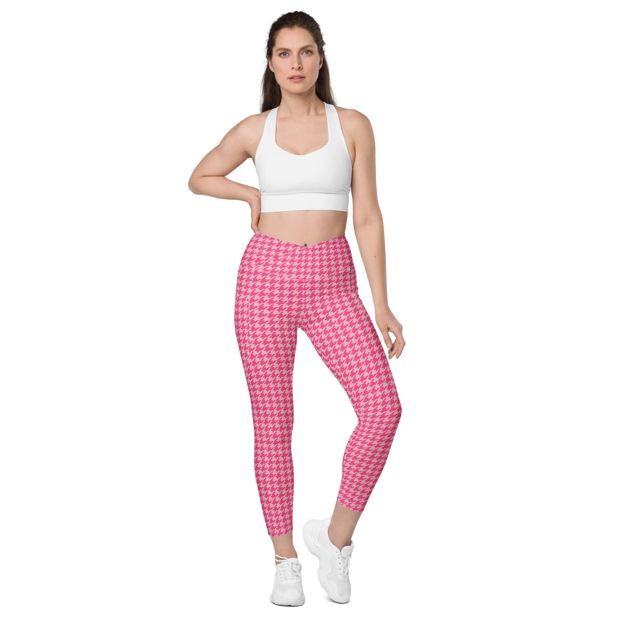 Power Pink Houndstooth Crossover Leggings With Pockets