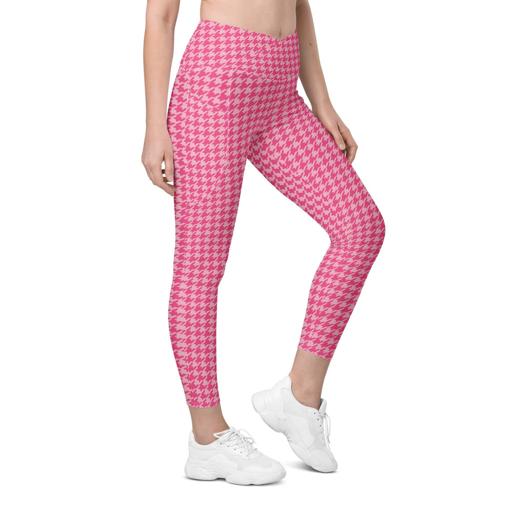 Power Pink Houndstooth Crossover Leggings With Pockets