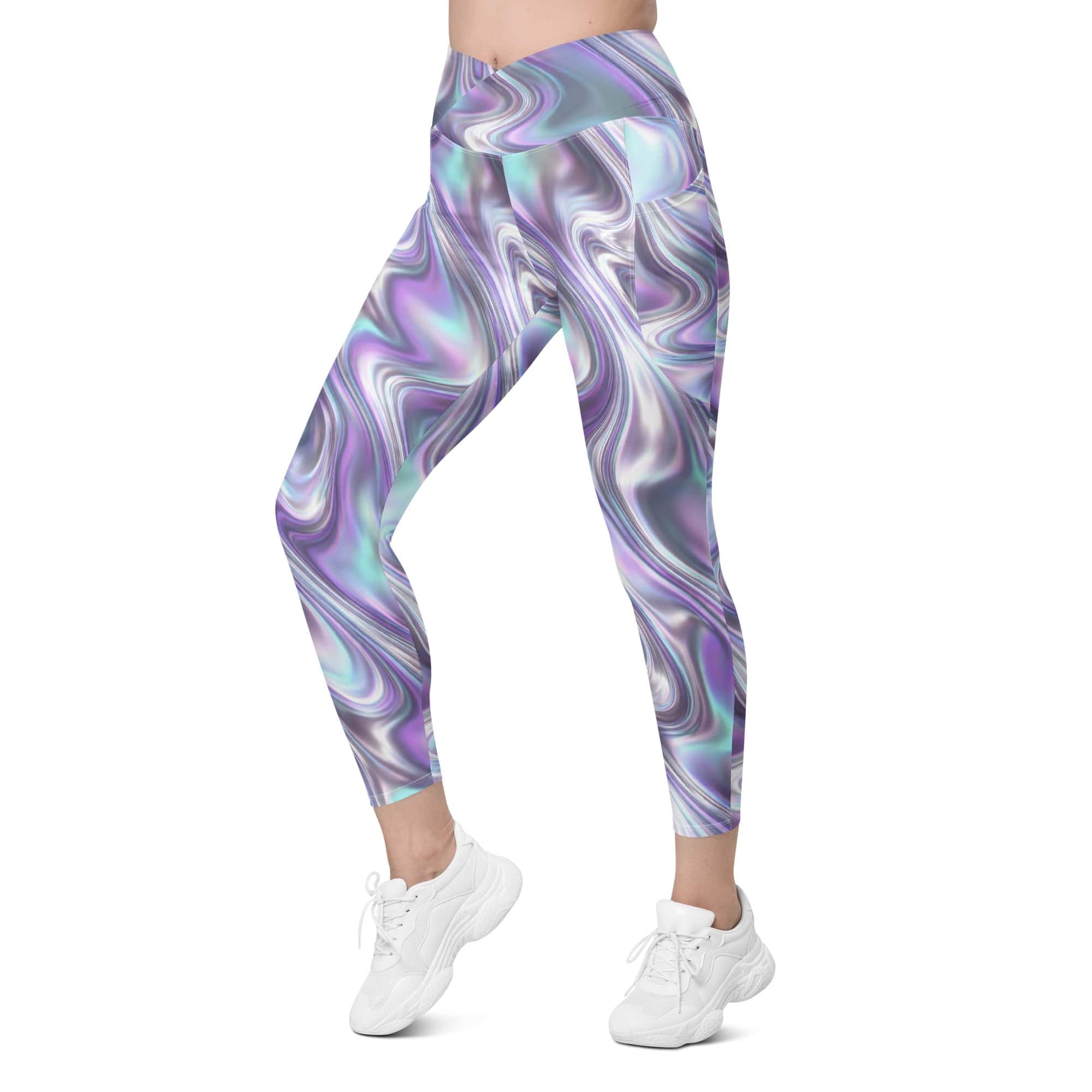 Printed Liquid Chrome Effect Crossover Leggings With Pockets