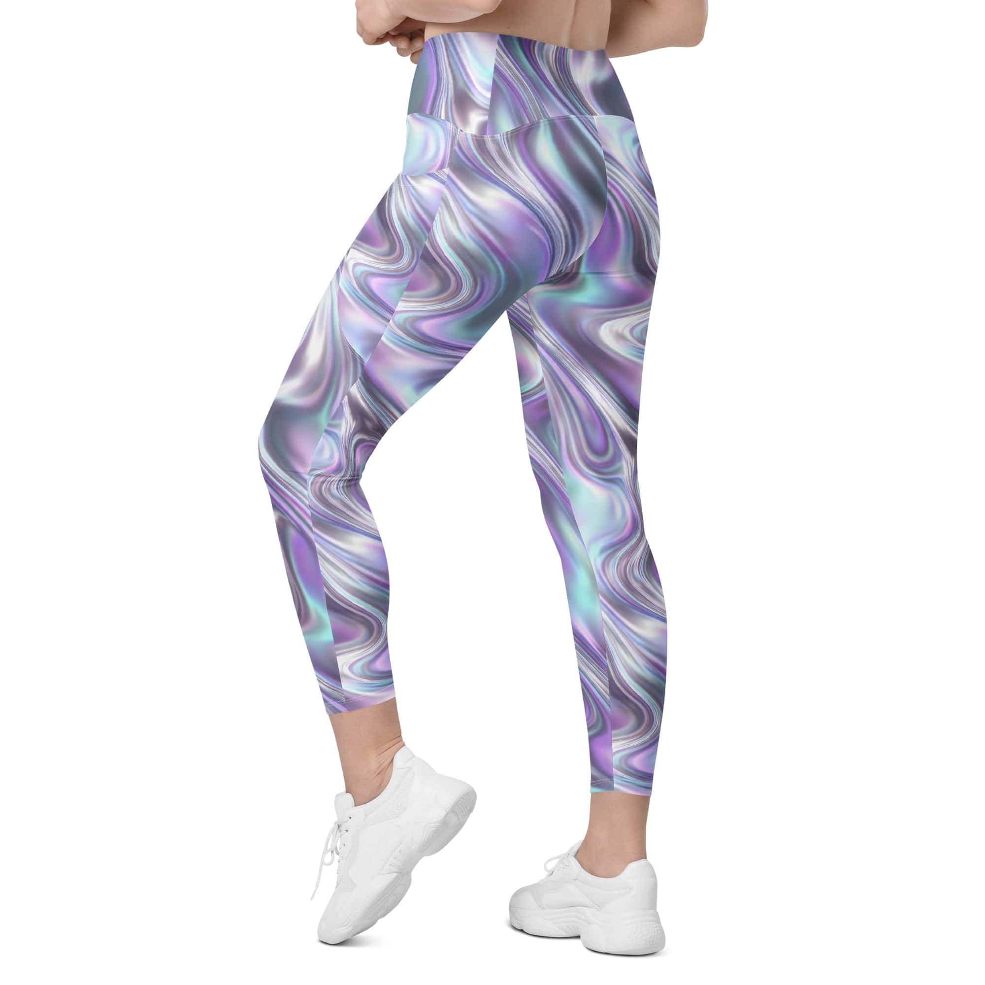 Printed Liquid Chrome Effect Crossover Leggings With Pockets
