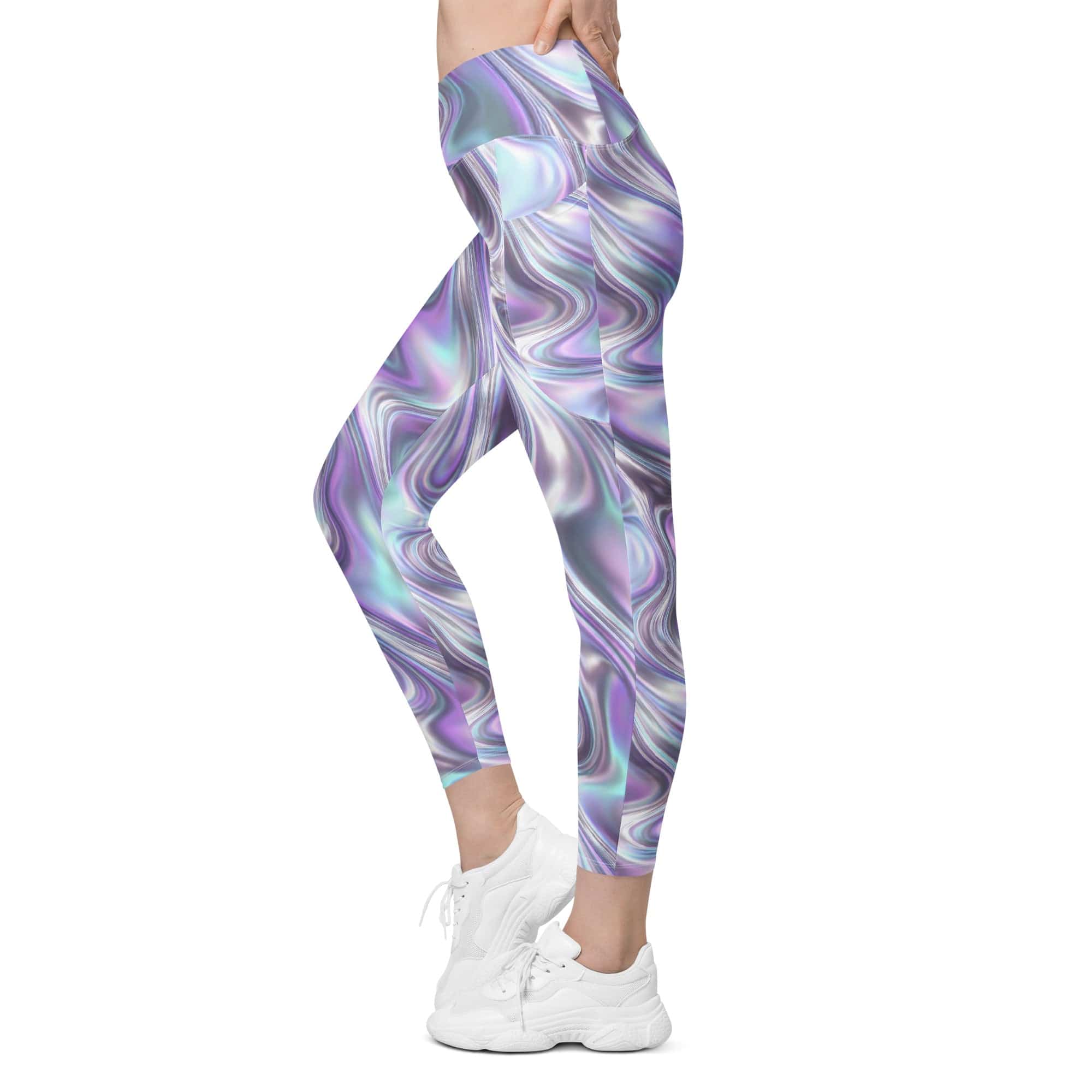 Printed Liquid Chrome Effect Crossover Leggings With Pockets