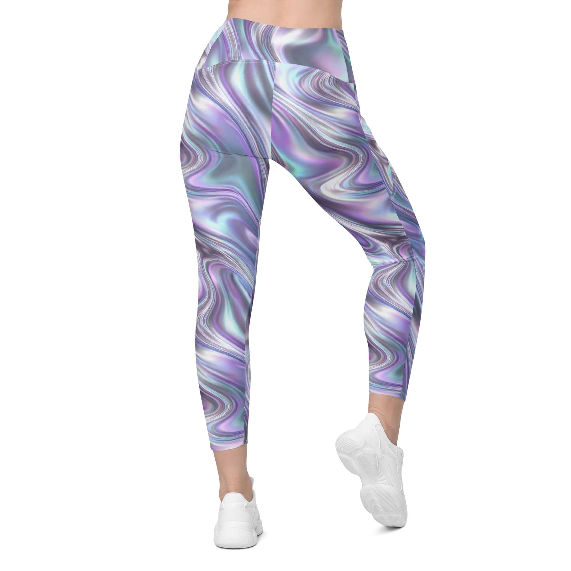 Printed Liquid Chrome Effect Crossover Leggings With Pockets