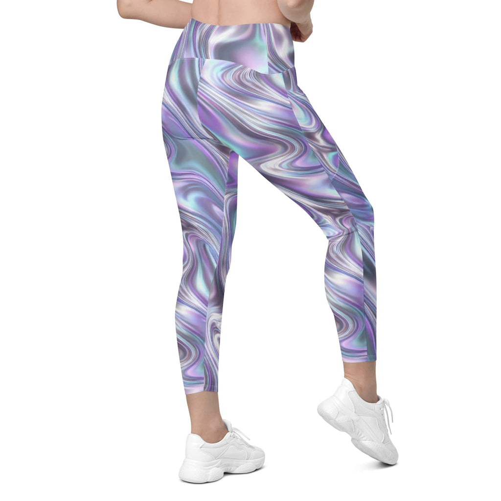 Printed Liquid Chrome Effect Crossover Leggings With Pockets