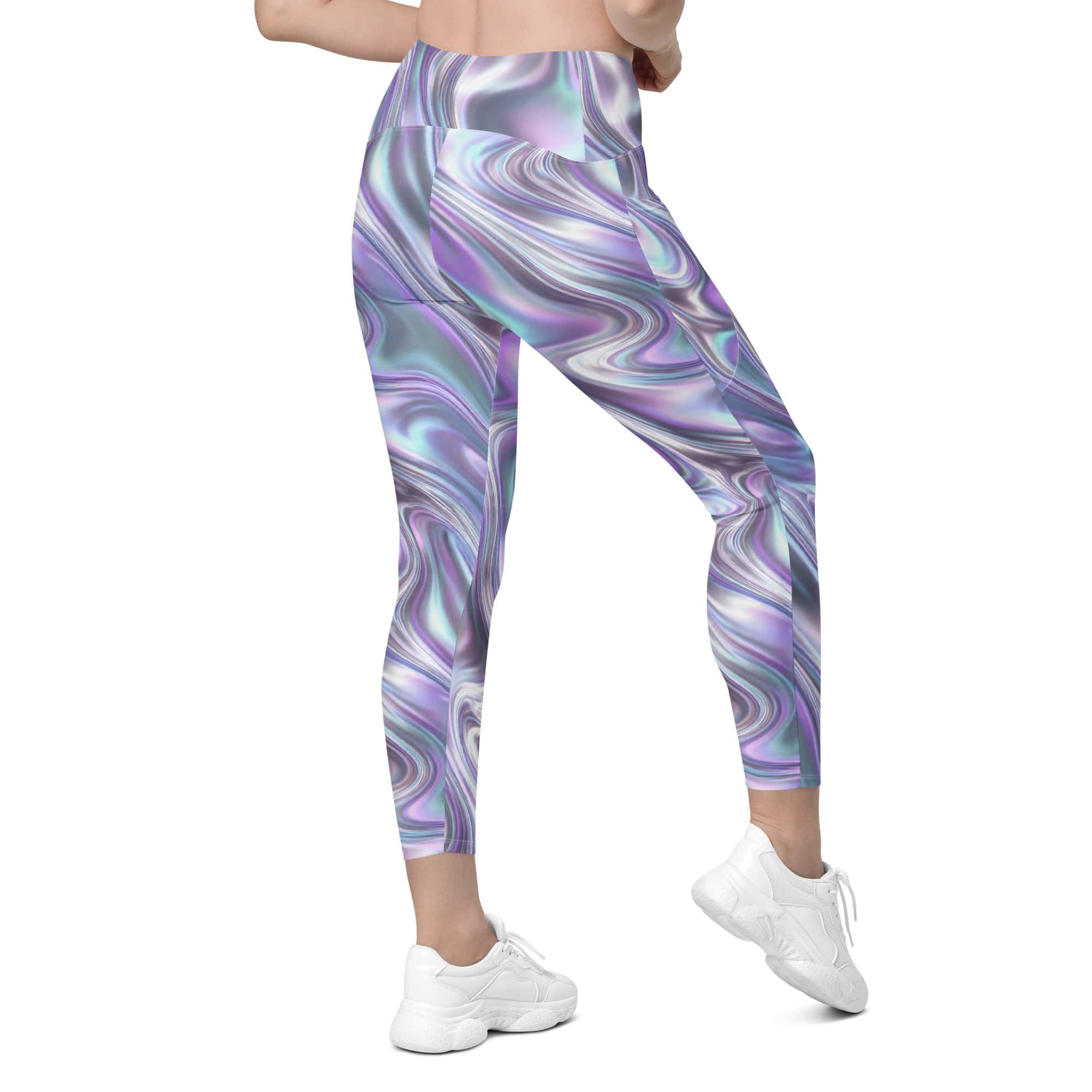 Printed Liquid Chrome Effect Crossover Leggings With Pockets
