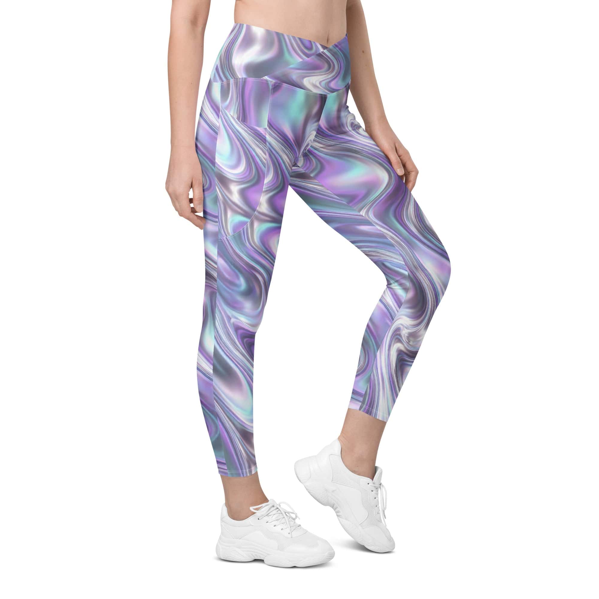 Printed Liquid Chrome Effect Crossover Leggings With Pockets