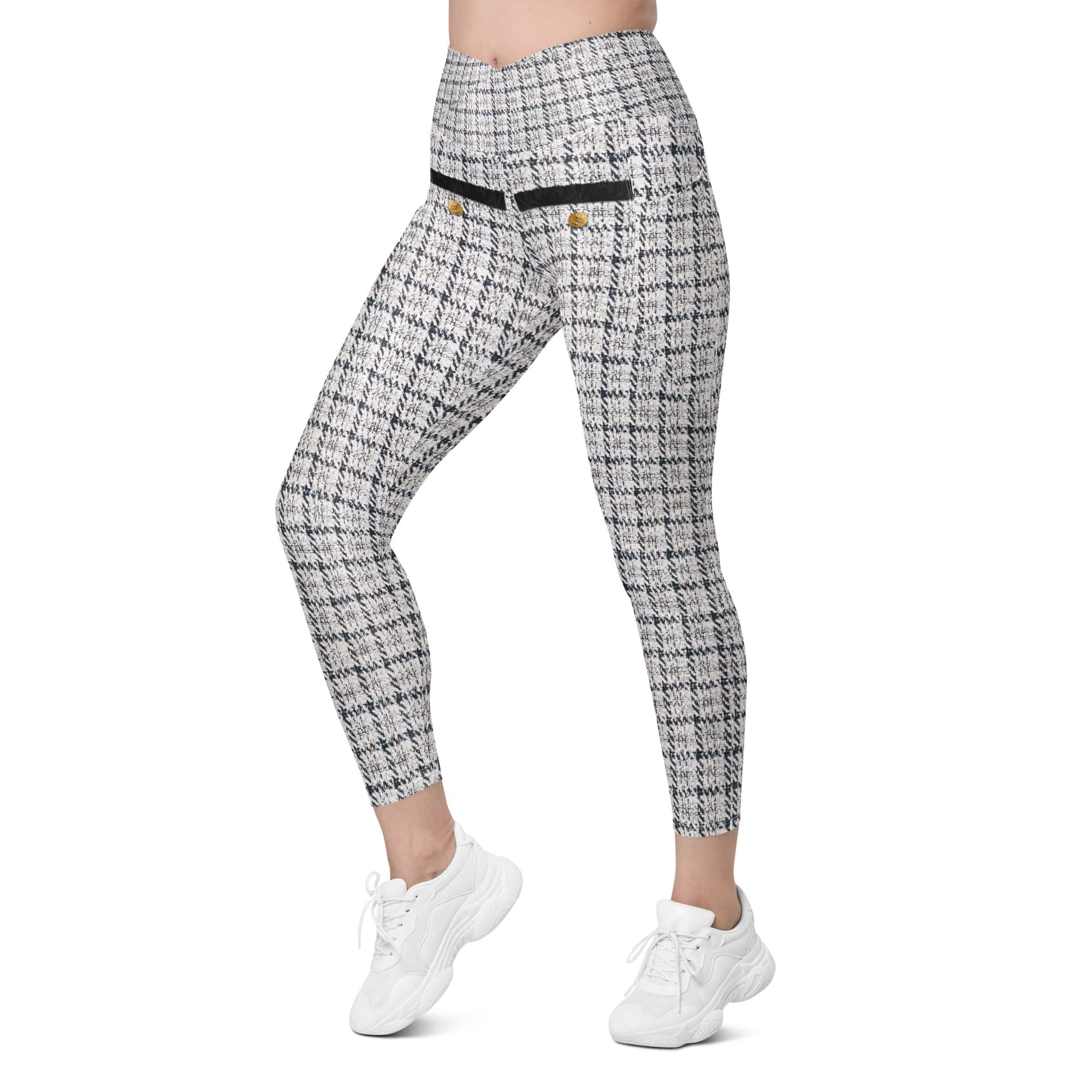 Printed Royal Tweed Effect Crossover Leggings With Pockets