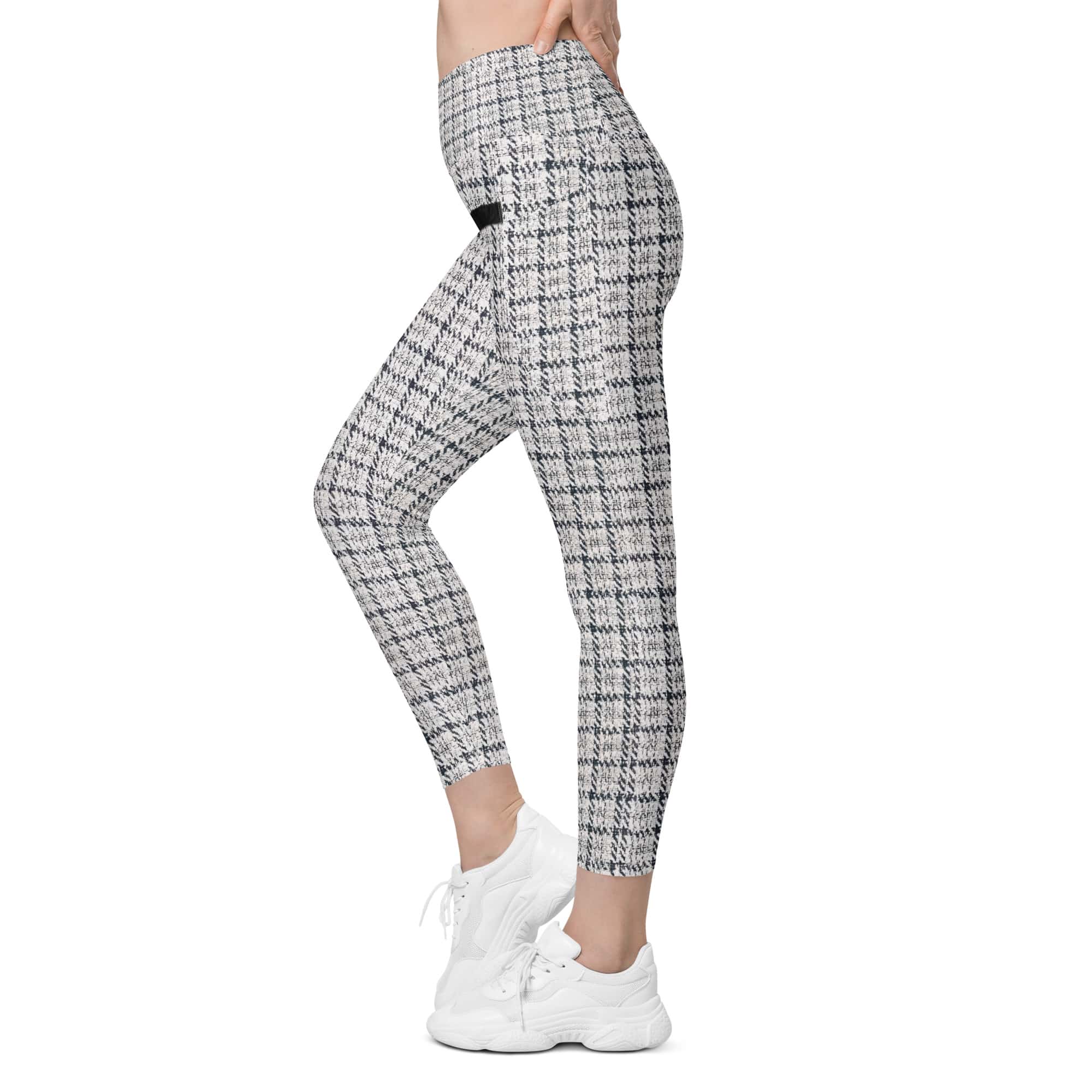 Printed Royal Tweed Effect Crossover Leggings With Pockets