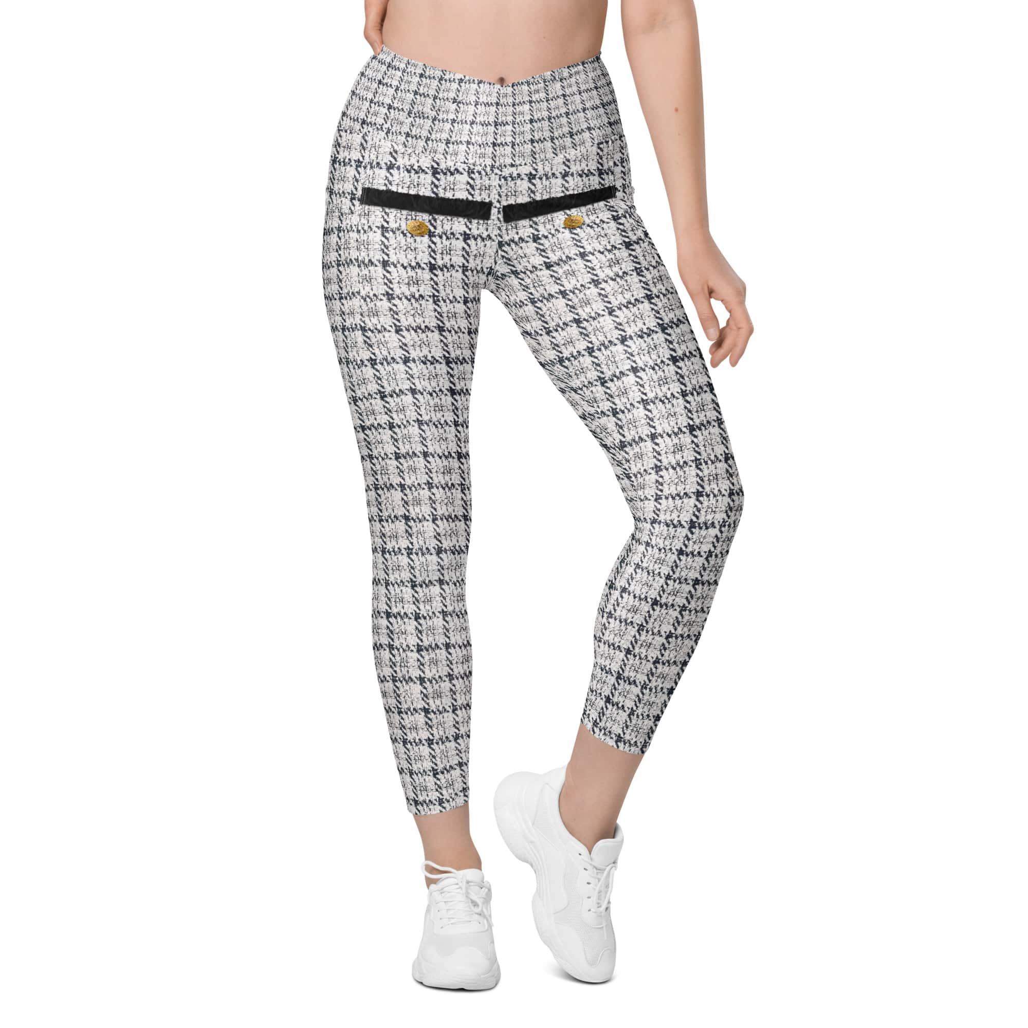 Printed Royal Tweed Effect Crossover Leggings With Pockets