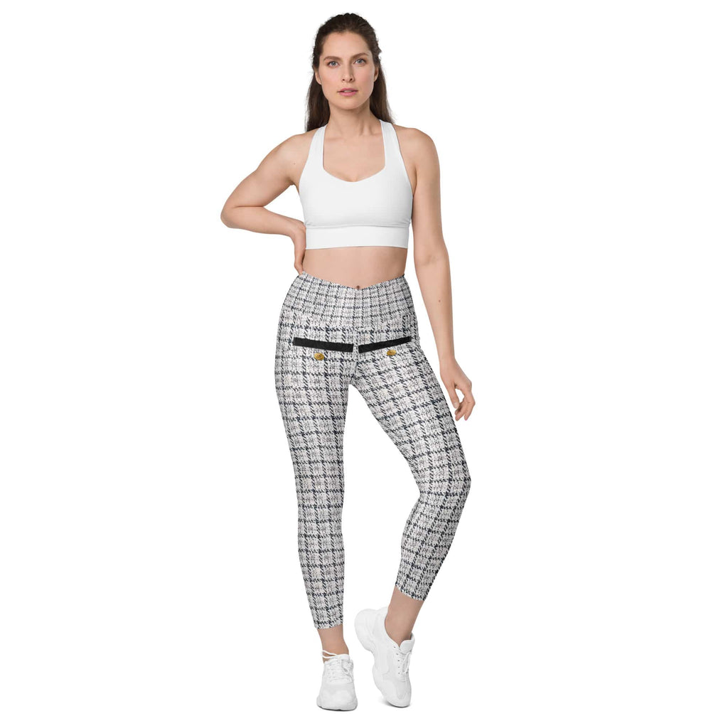 Printed Royal Tweed Effect Crossover Leggings With Pockets