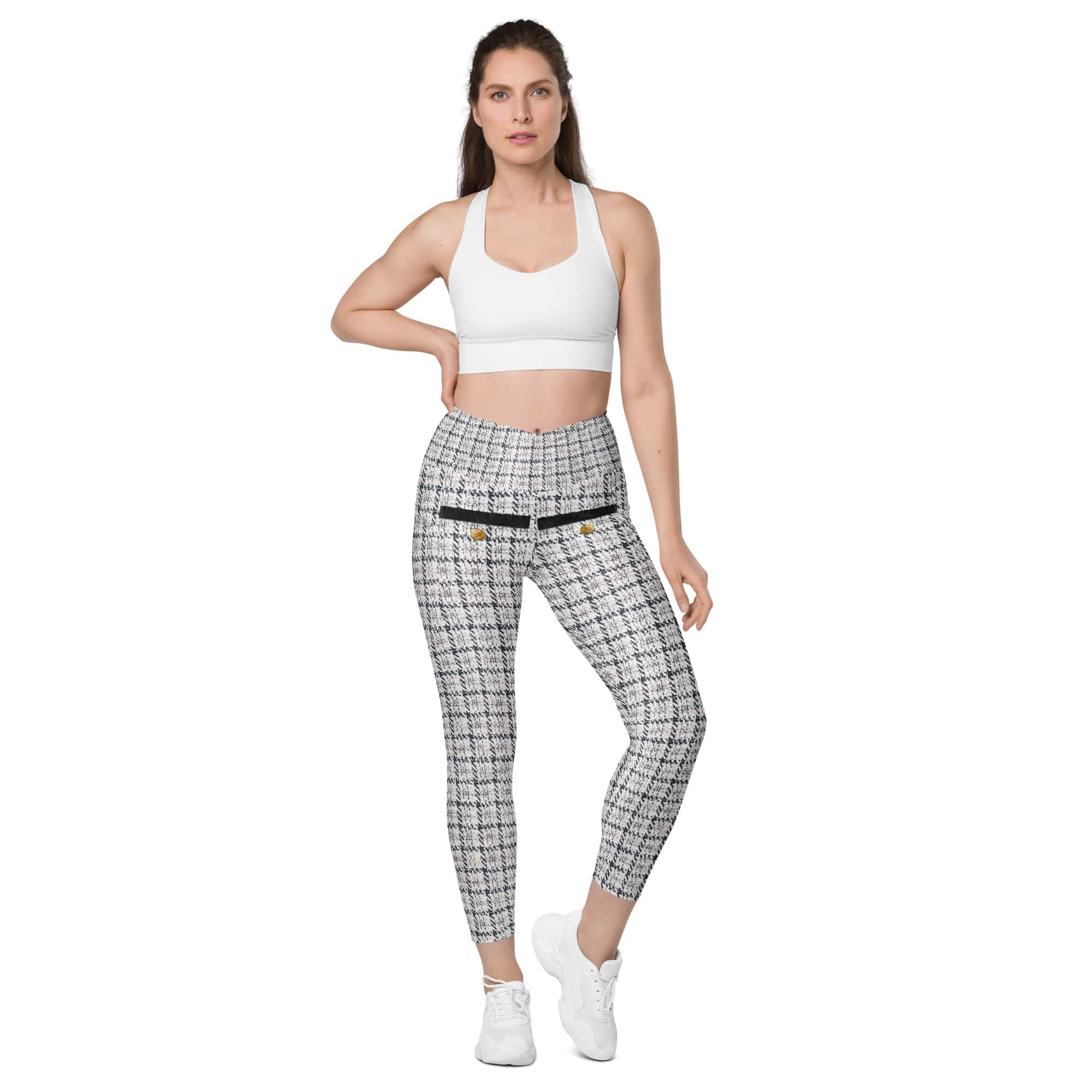Printed Royal Tweed Effect Crossover Leggings With Pockets