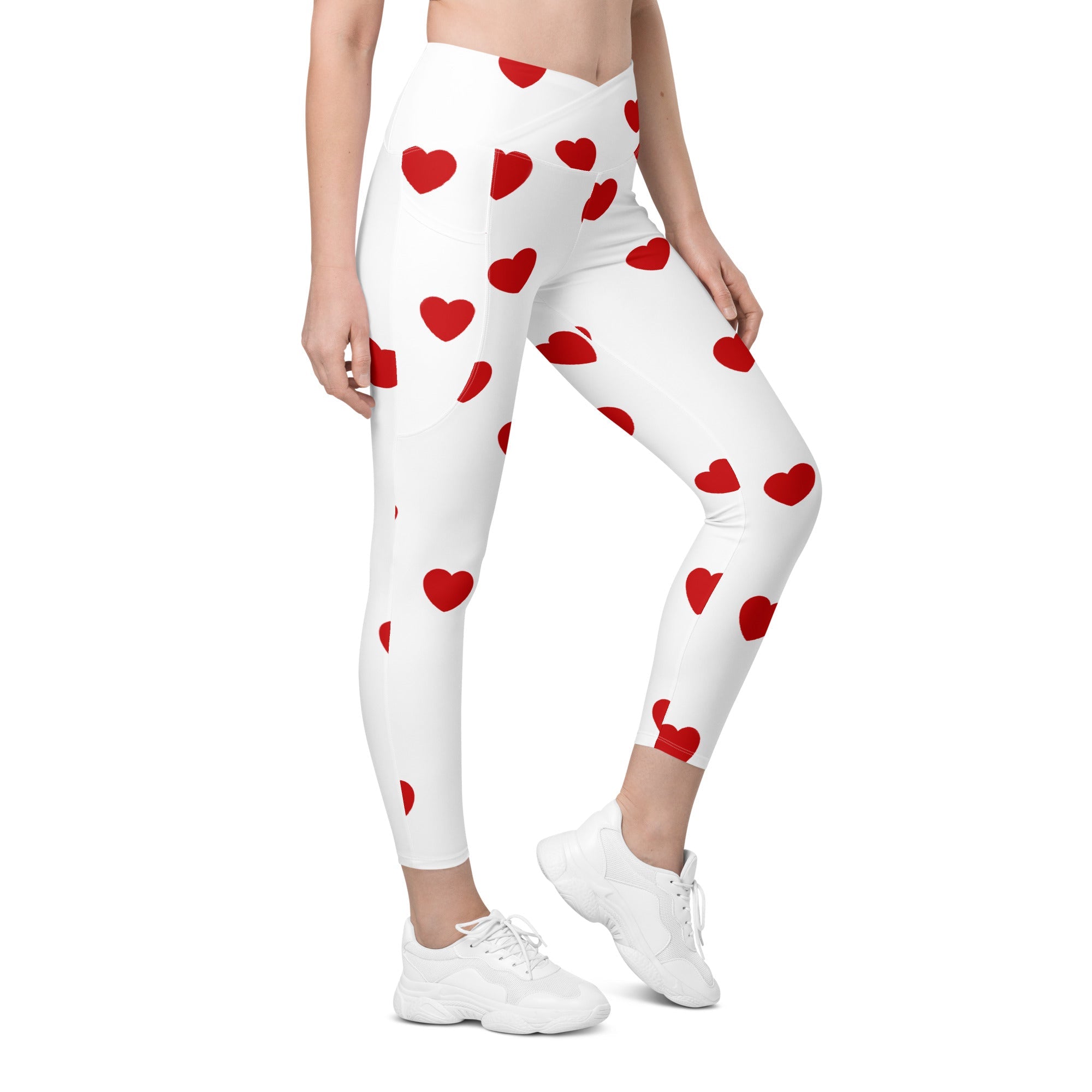 Red Hearts Crossover Leggings With Pockets