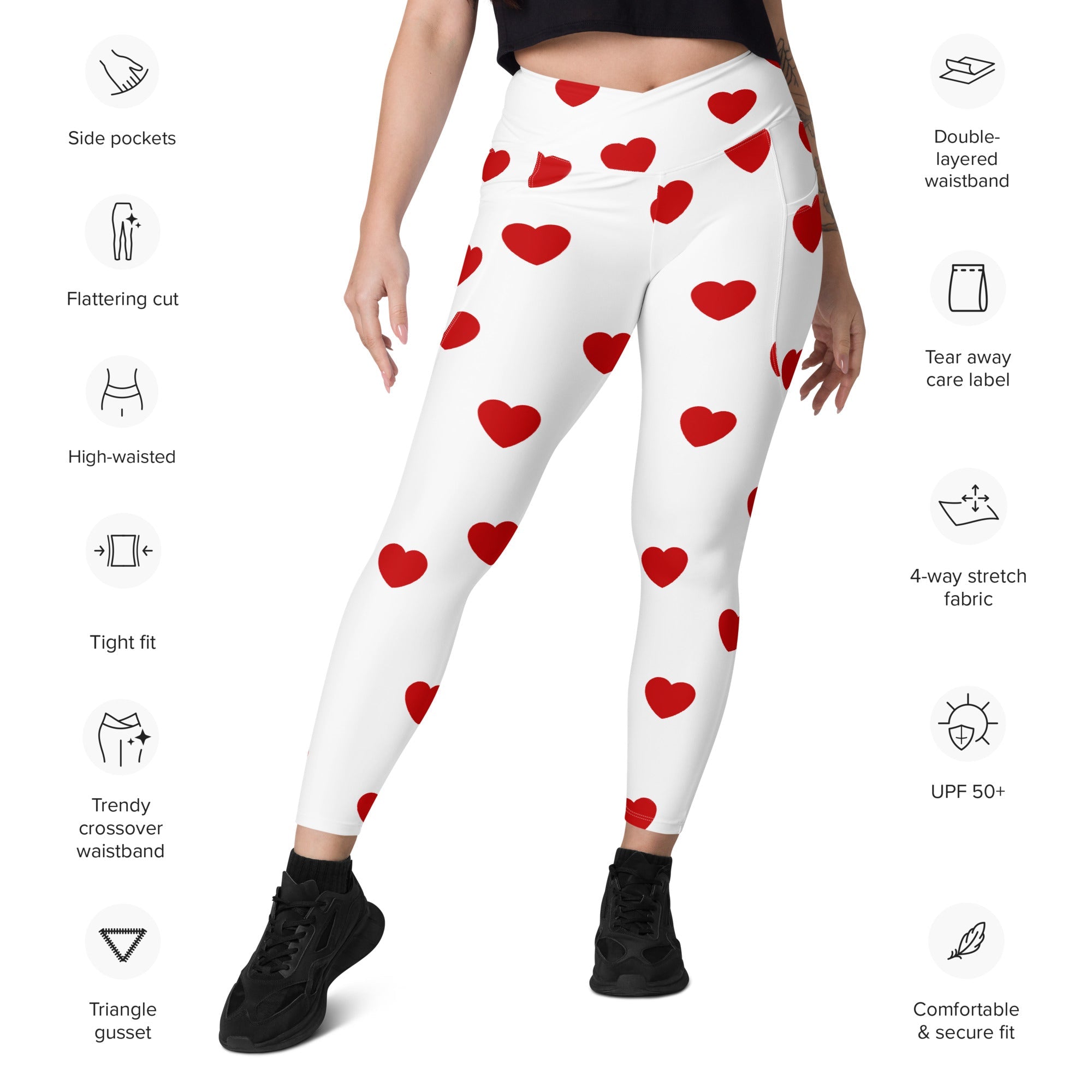 Red Hearts Crossover Leggings With Pockets