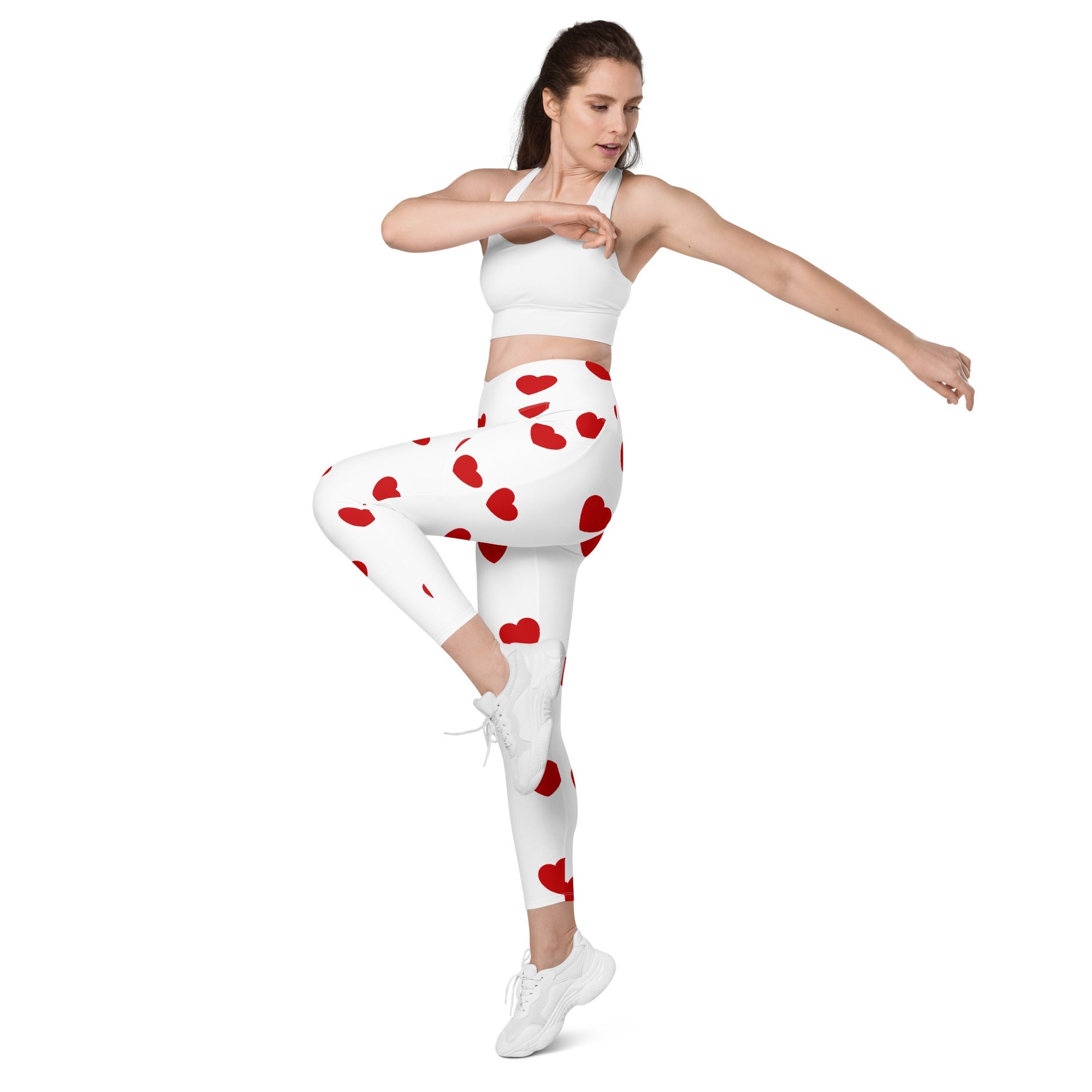 Red Hearts Crossover Leggings With Pockets