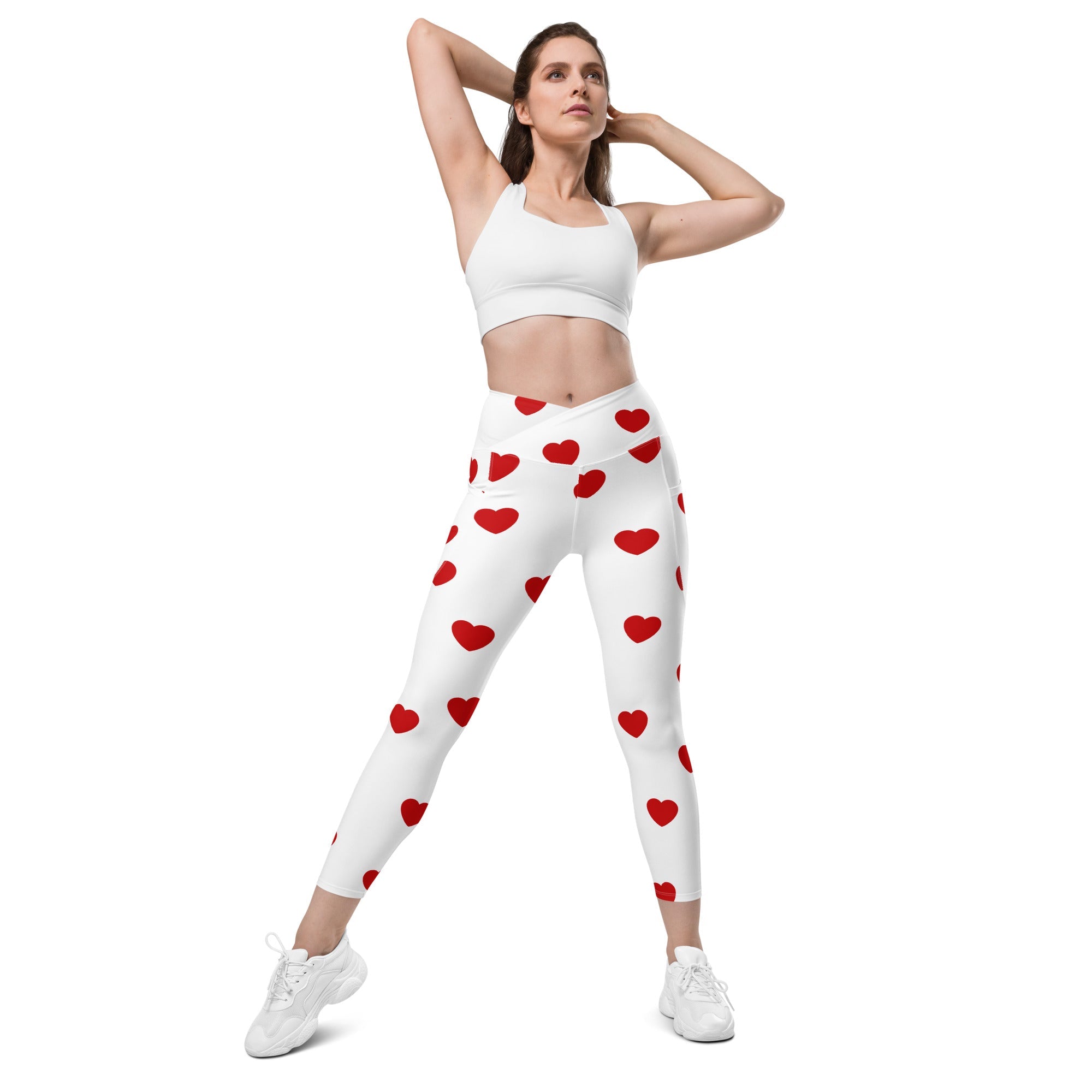 Red Hearts Crossover Leggings With Pockets