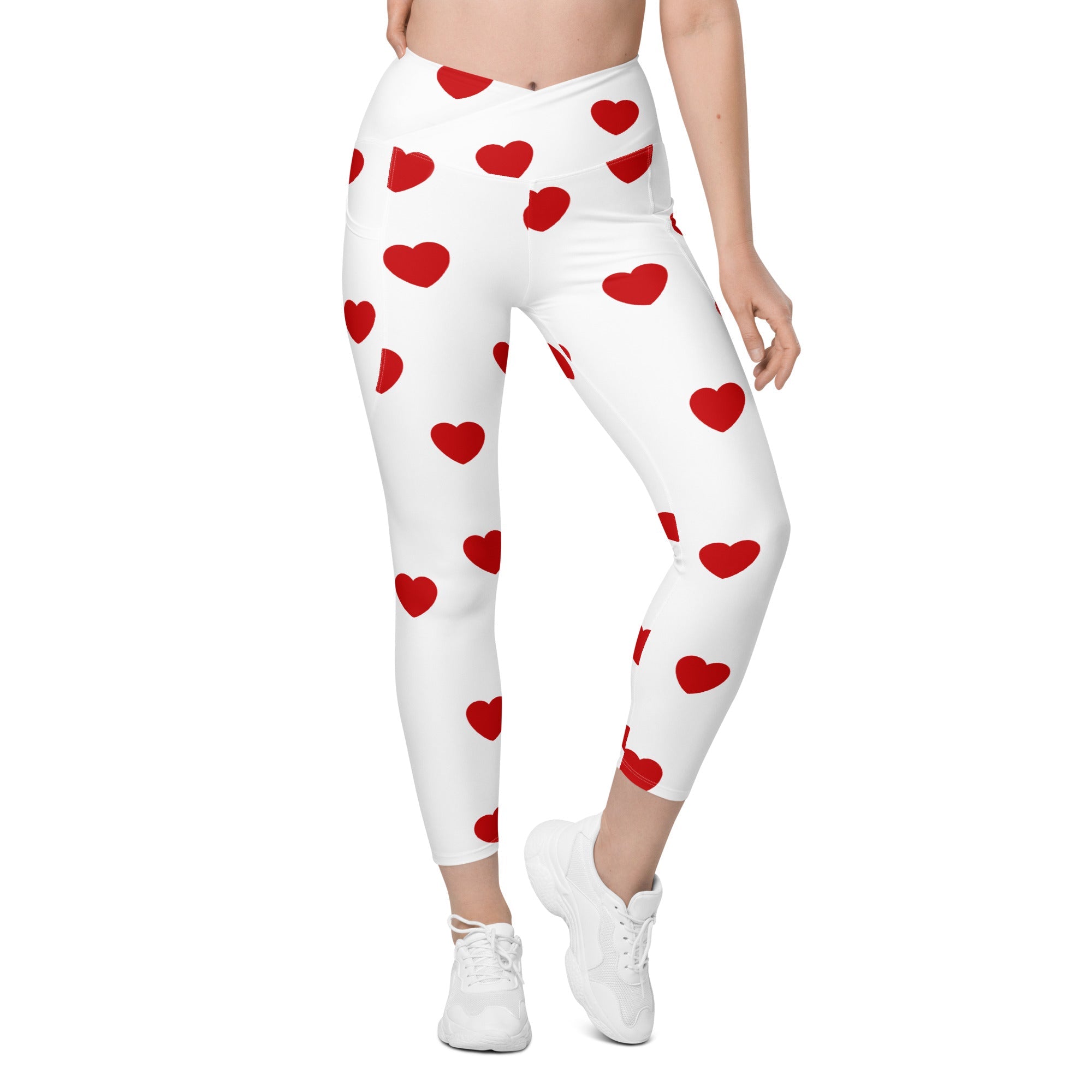 Red Hearts Crossover Leggings With Pockets