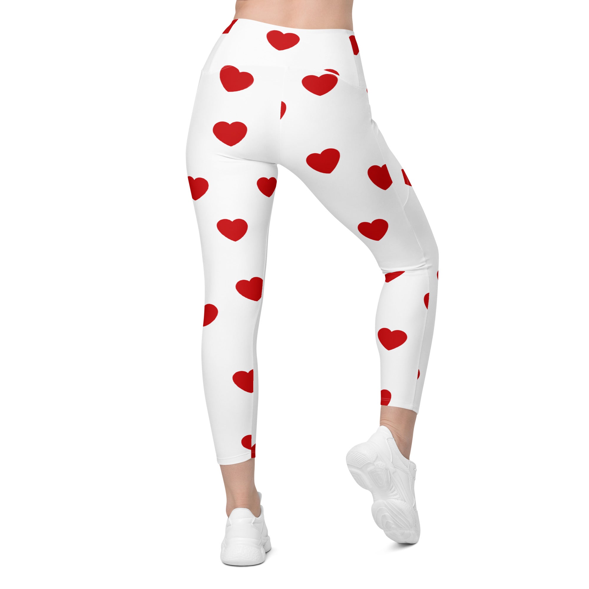 Red Hearts Crossover Leggings With Pockets