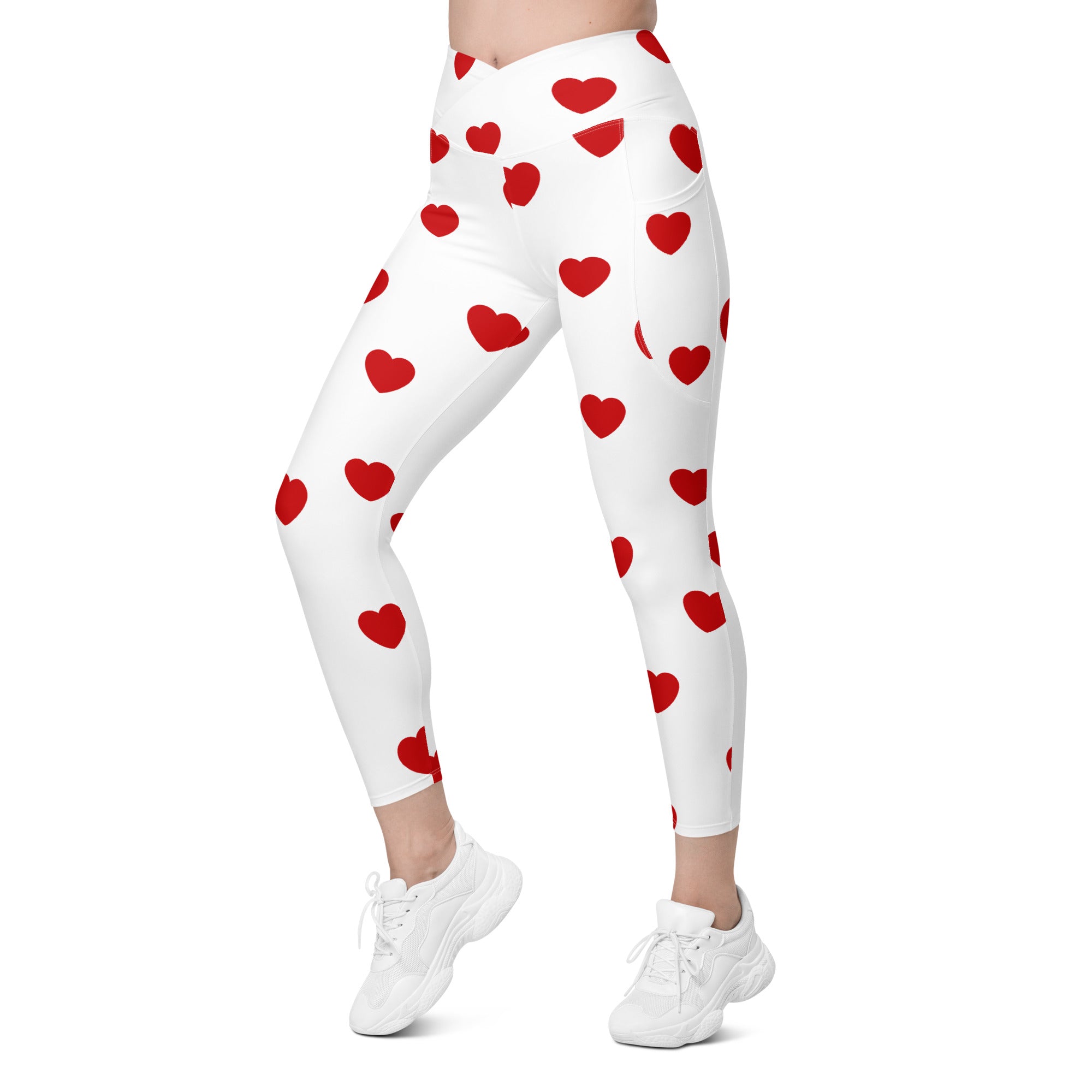 Red Hearts Crossover Leggings With Pockets