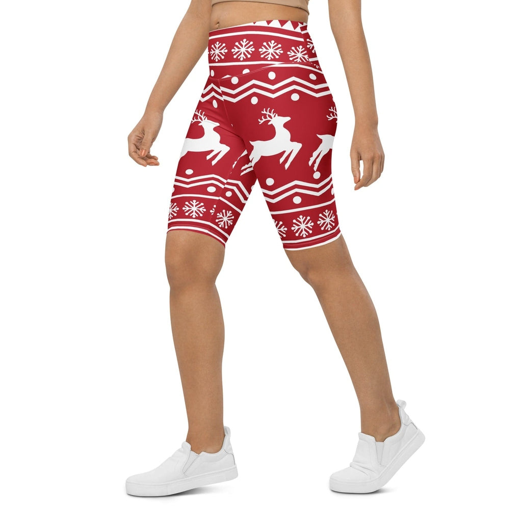 Red Nordic Reindeer Biker Shorts