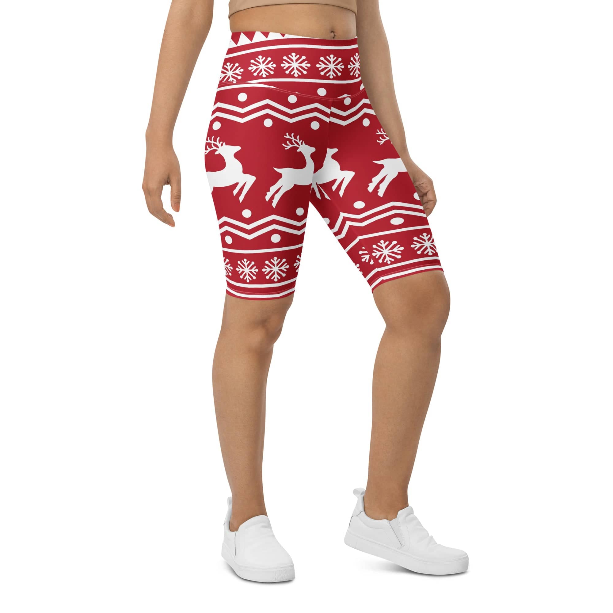 Red Nordic Reindeer Biker Shorts