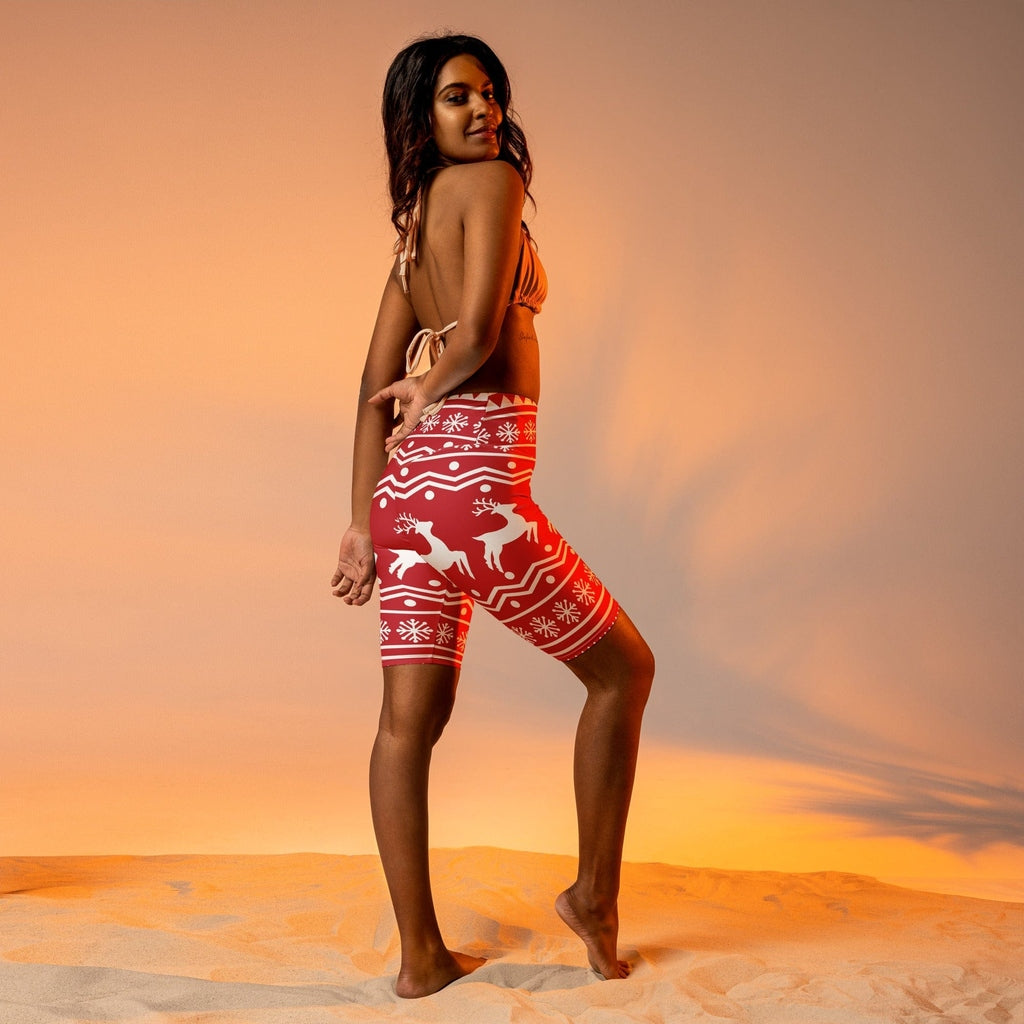 Red Nordic Reindeer Biker Shorts