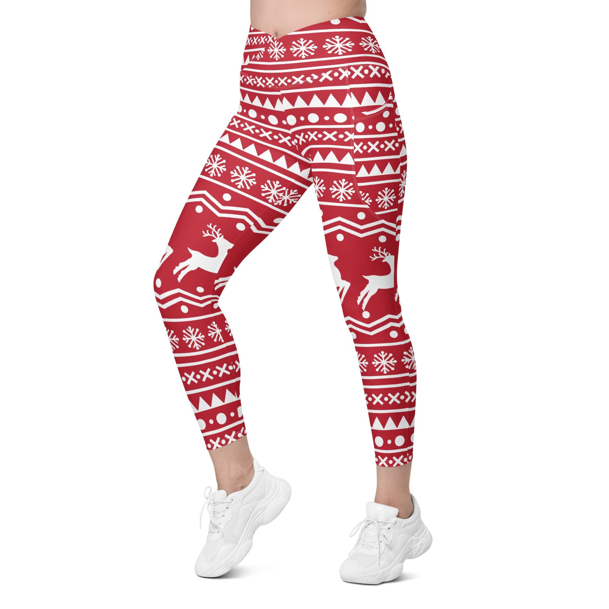 Red Nordic Reindeer Crossover Leggings With Pockets