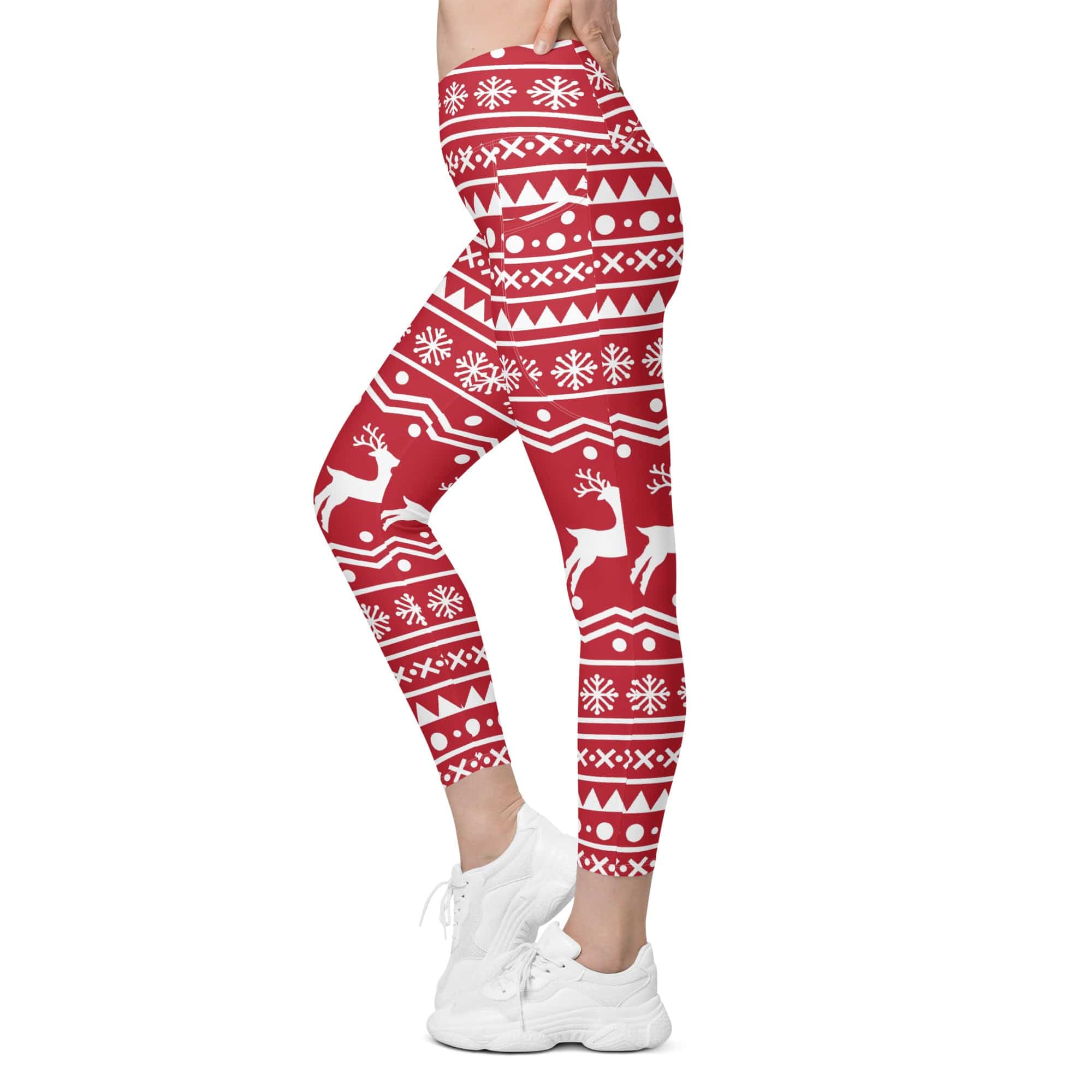 Red Nordic Reindeer Crossover Leggings With Pockets