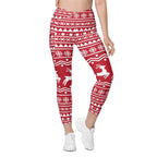 Red Nordic Reindeer Crossover Leggings With Pockets