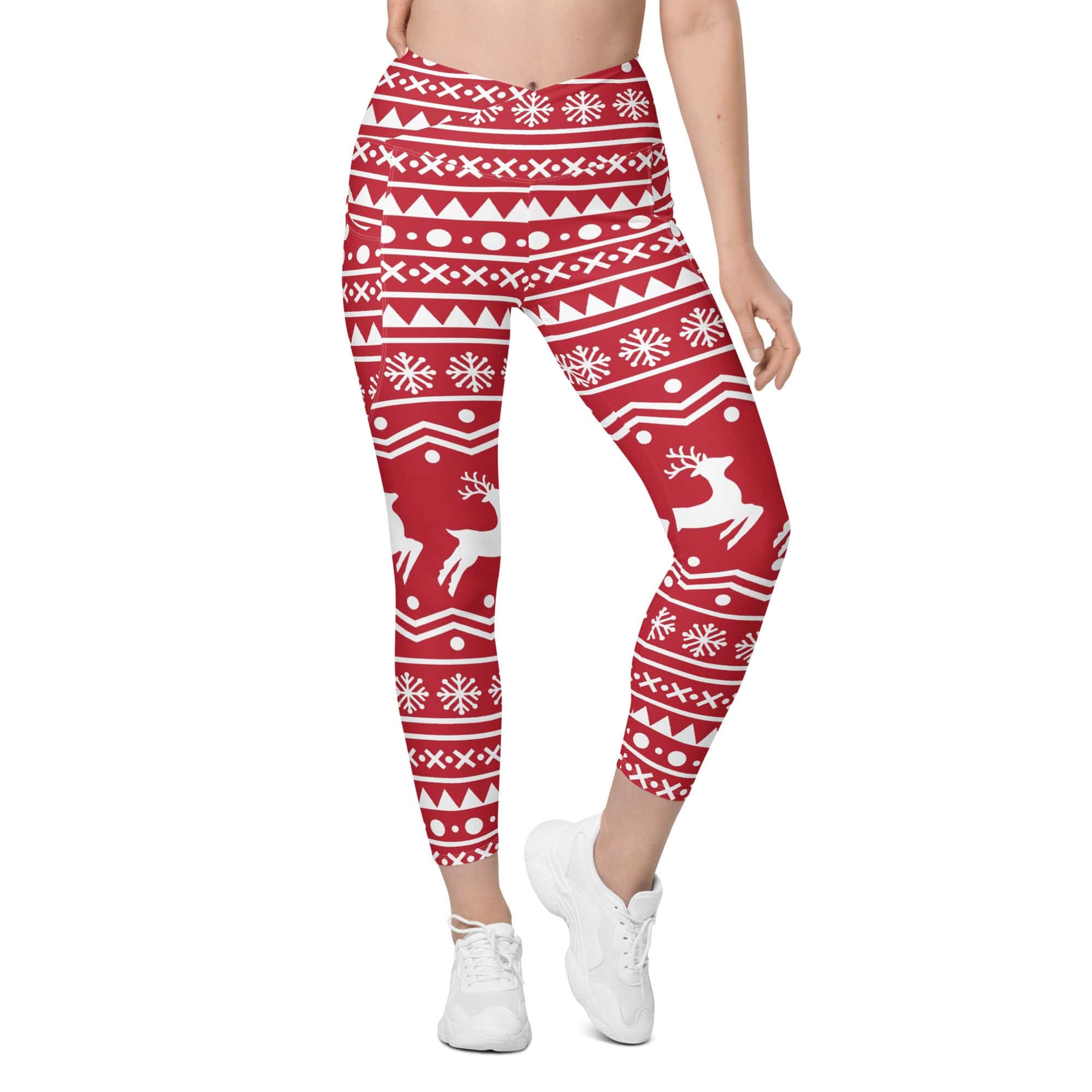 Red Nordic Reindeer Crossover Leggings With Pockets