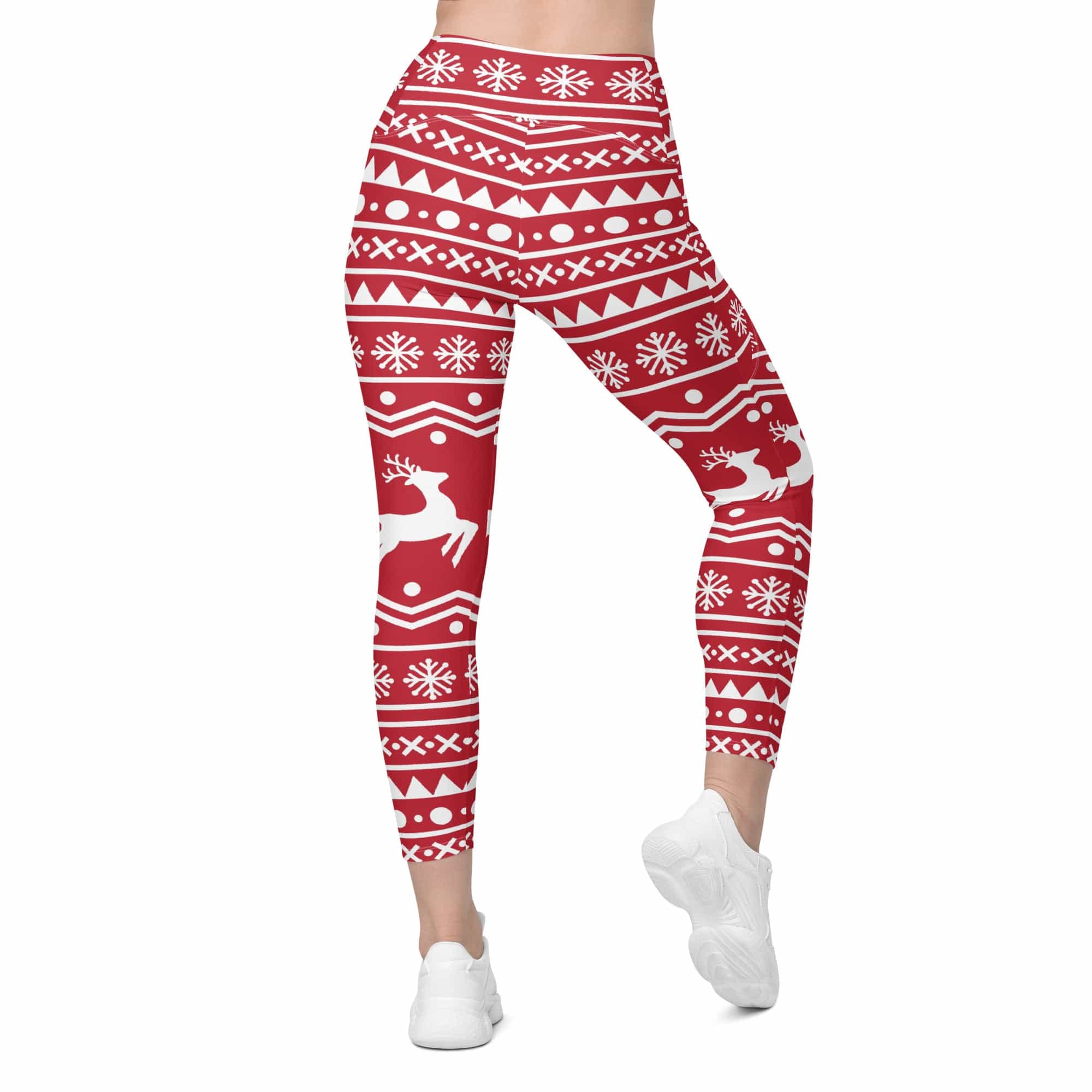 Red Nordic Reindeer Crossover Leggings With Pockets